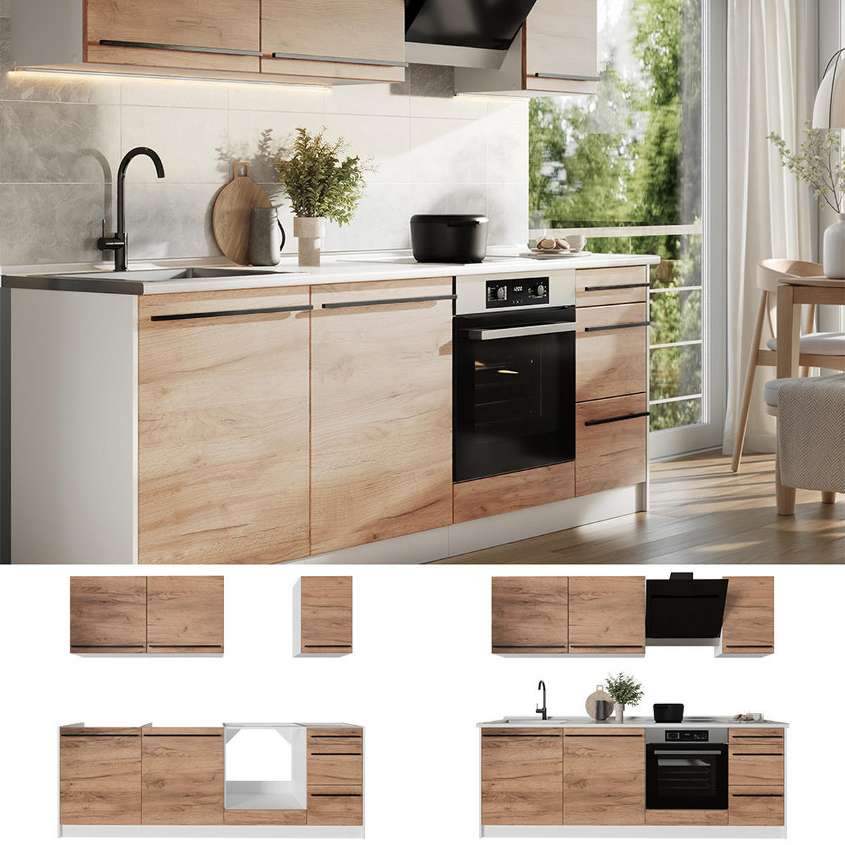 KÜCHENZEILE R-Line, Goldkraft Eiche/Weiß, 220 cm Arbeitsplatte Marmor - Honigeiche/Weiß, Holzwerkstoff (220/81.6/60cm) - Vicco