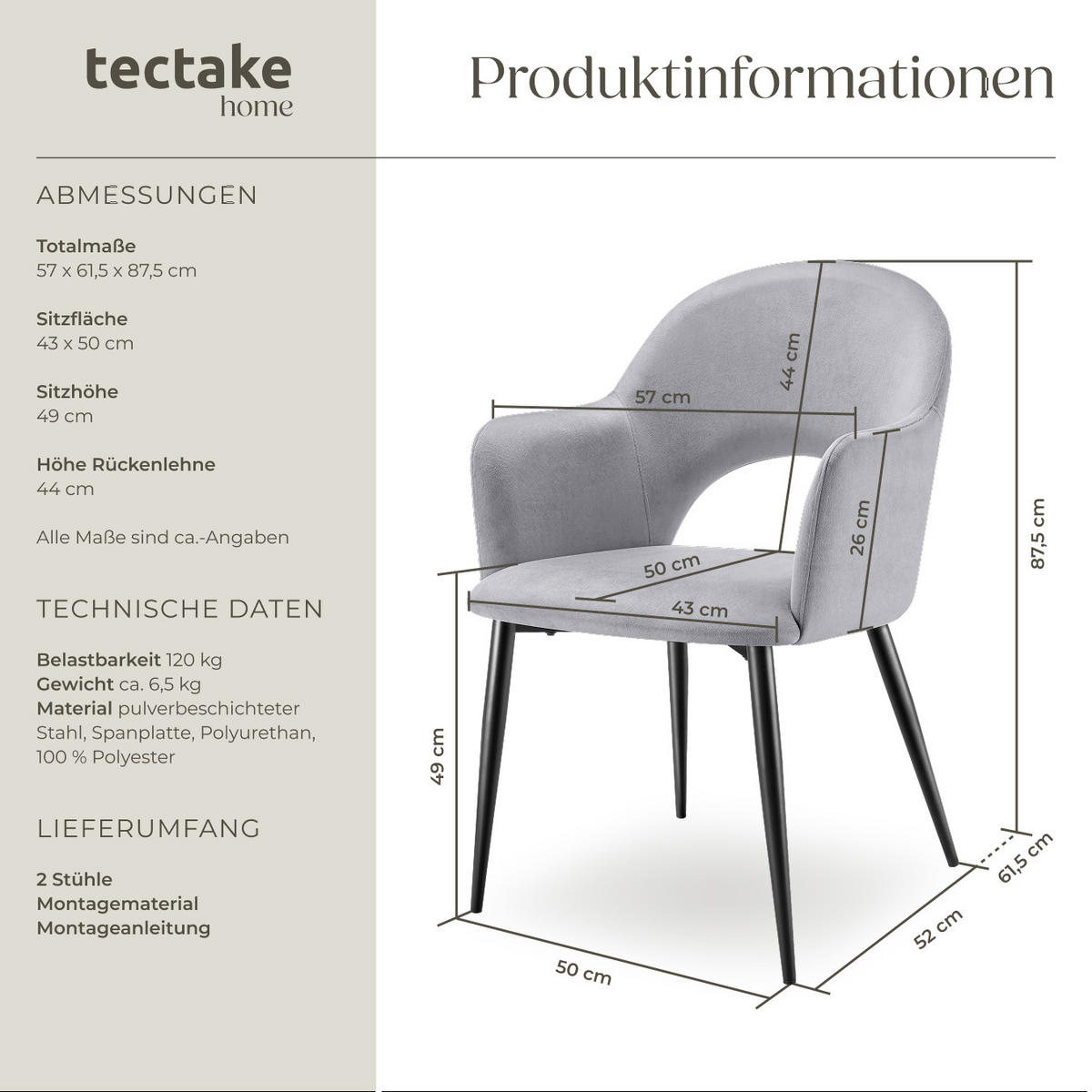 ARMLEHNSTUHL 2er Set Sachel 57 x 61 5 x 87 5 cm hellgrau - Hellgrau, Kunststoff (57/87.5/61.5cm) - tectake
