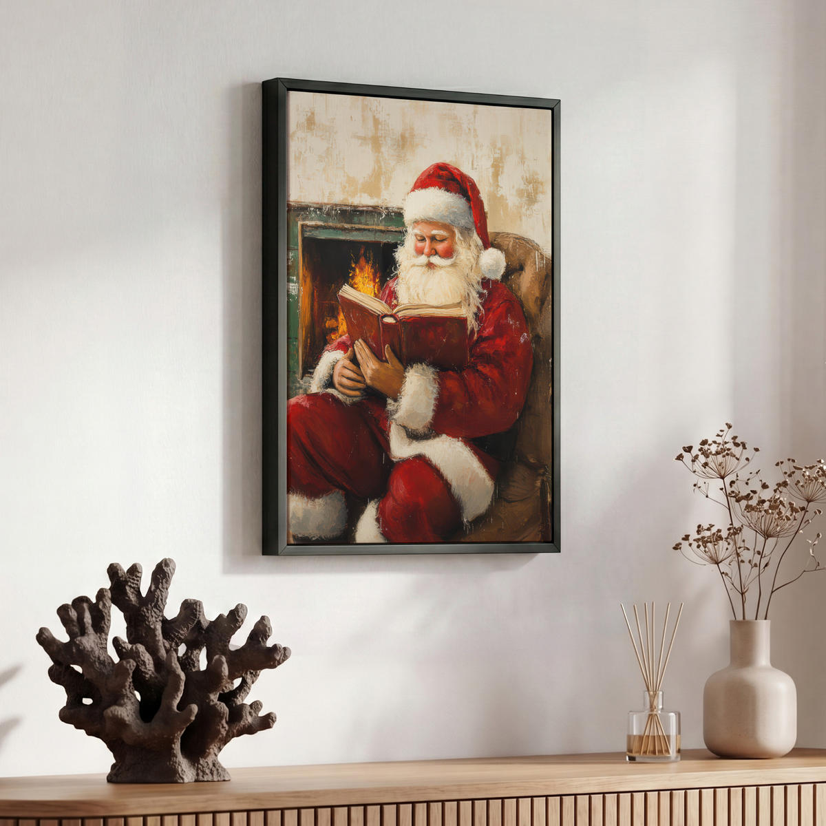 LEINWAND Bilder mit Rahmen - Weihnachten - Weihnachtsmann - Winter - Open Fireside - 30x40 - Dunkelrot, Textil (30/40cm) - MuchoWow