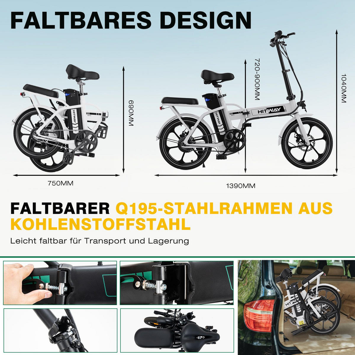 E BIKE Klapprad BK5S Leicht & Kompakt für Stadt & Bahn - 85% vormontiert mit 36Vh/10,4Ah abnehmbarer Akku - Weiß, Metall (37cm) - HITWAY