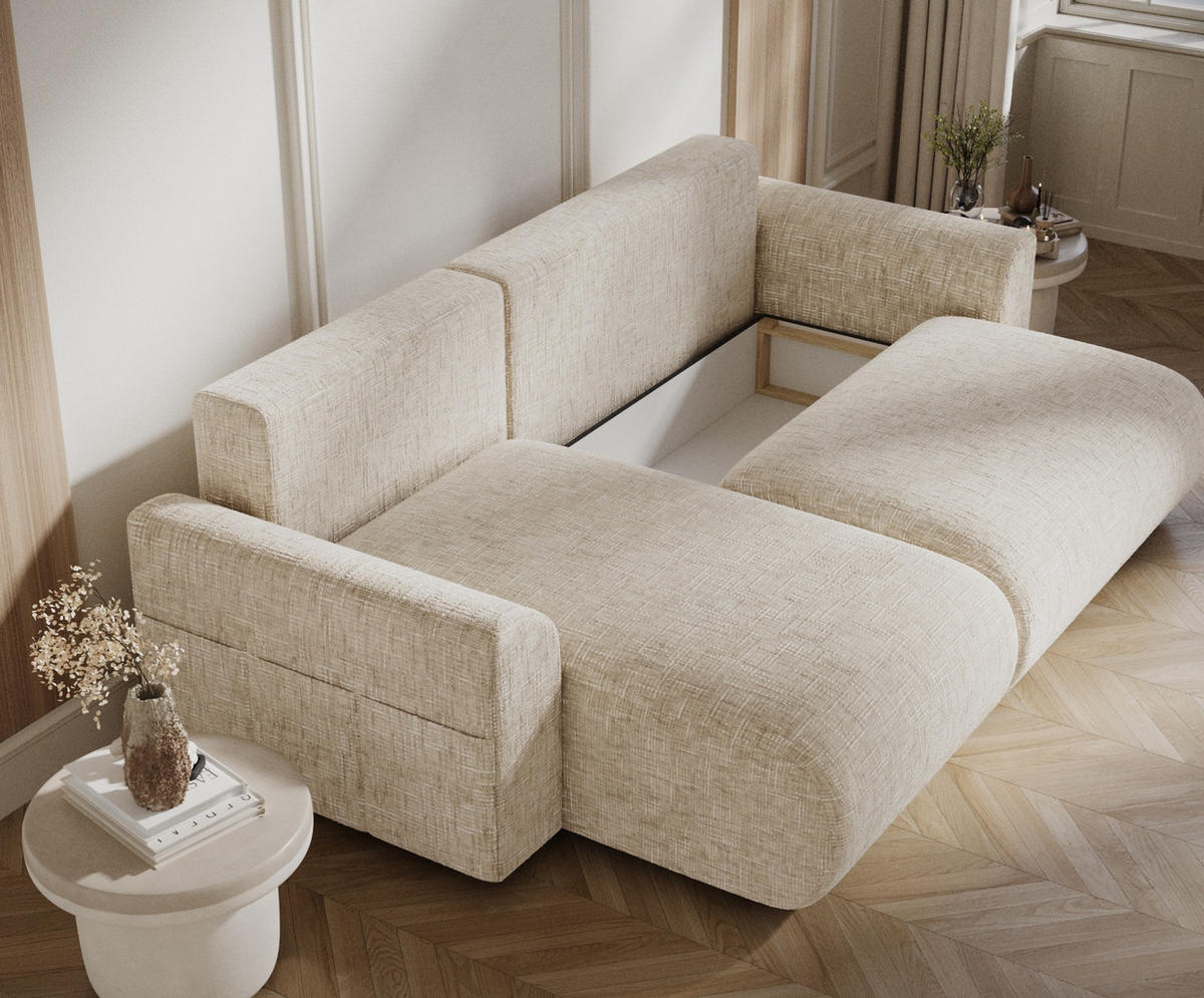 ECKSOFA MIT SCHLAFFUNKTION Bodega Creme Webstoff - Creme/Schwarz, Holz/Holzwerkstoff (235/138cm) - Maison de Reve