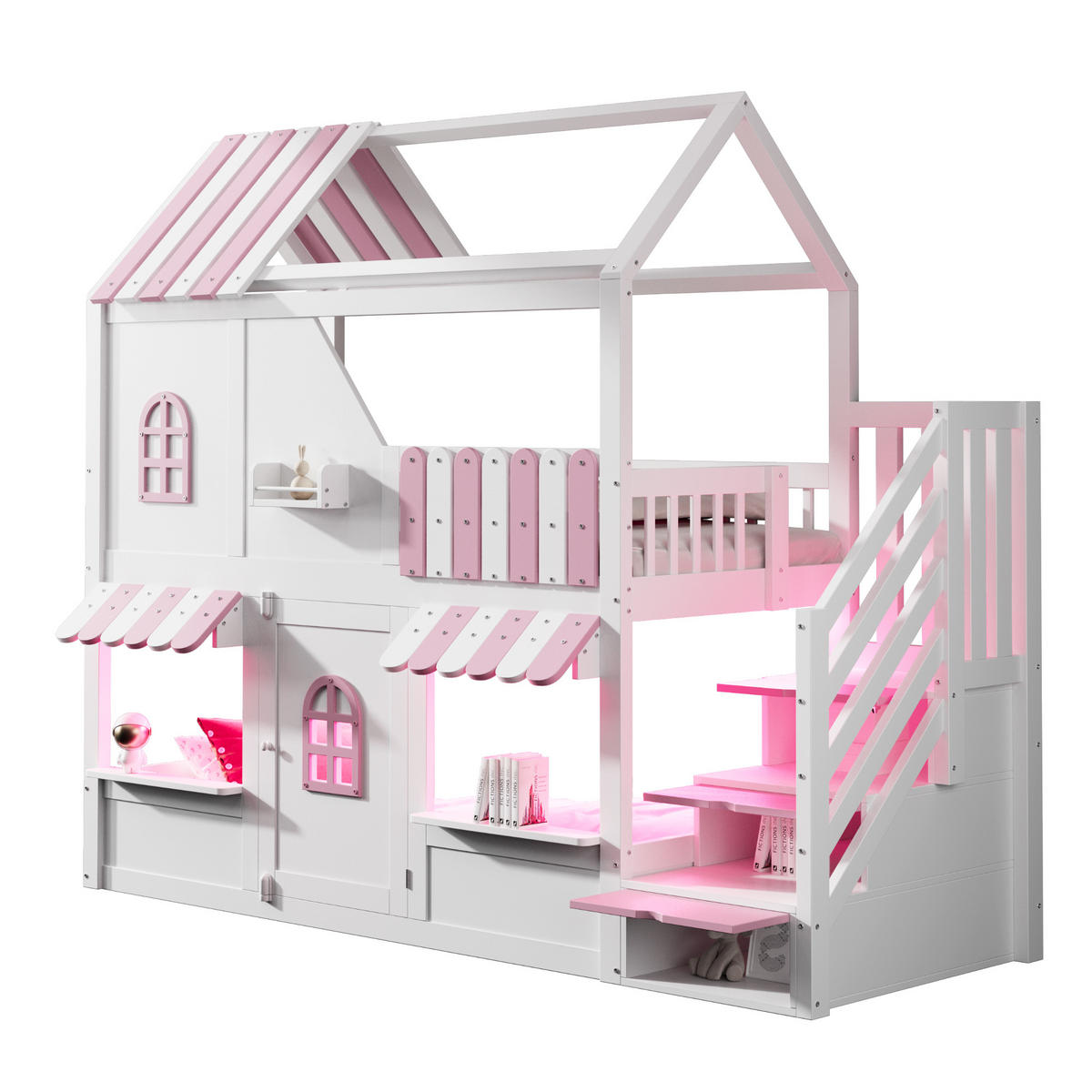 ETAGENBETT 90x200cm Kinderbett Hausdesign Fenster LED Rosa Weiß - Pink, Holz (90/200cm) - FLIEKS