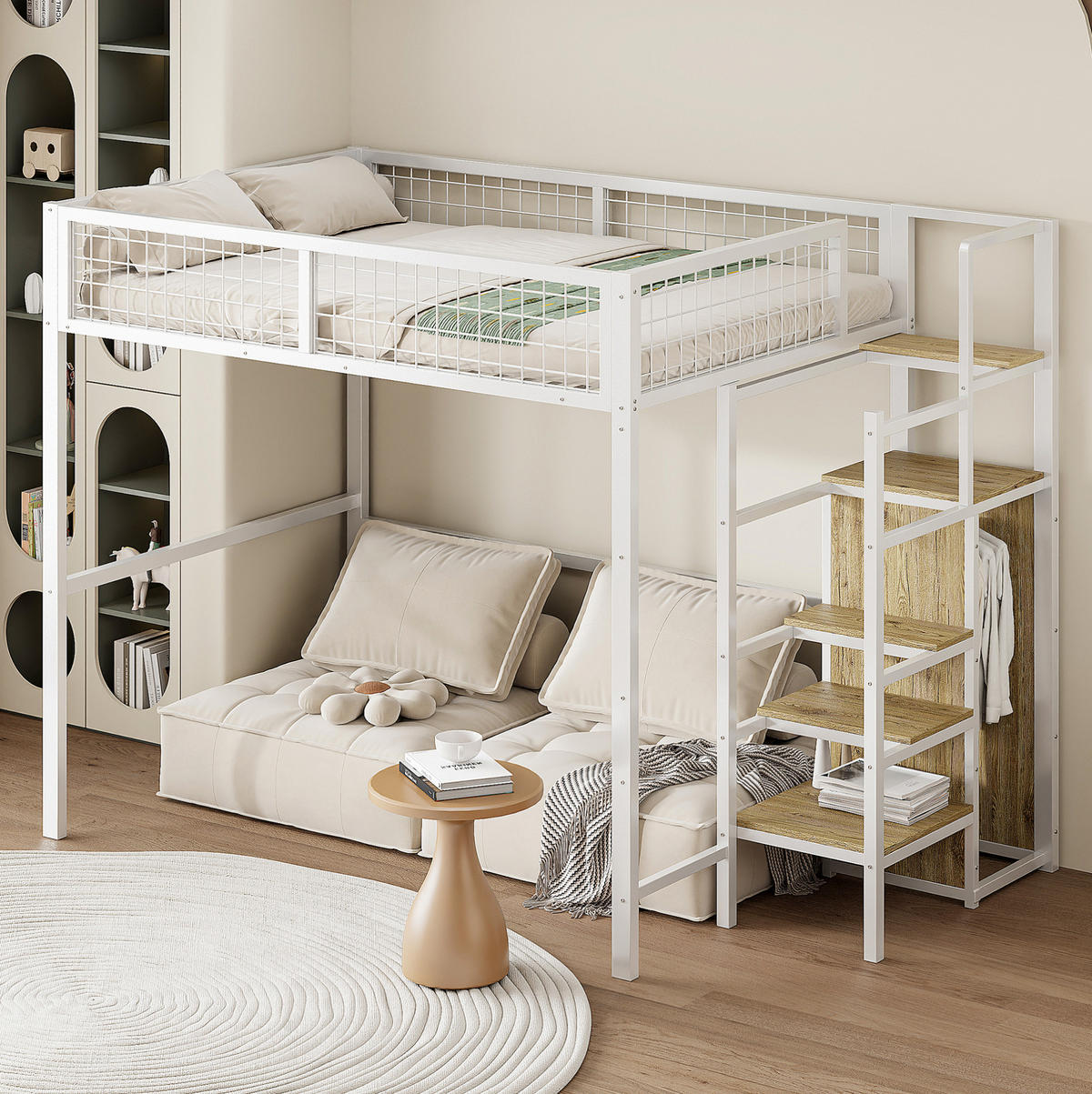 VYSOKÁ posteľ 140/200 cm biela z kovu a MDF s rebríkom, šatníkom a úložným priestorom - biela, kov (140/200cm) - OKWISH