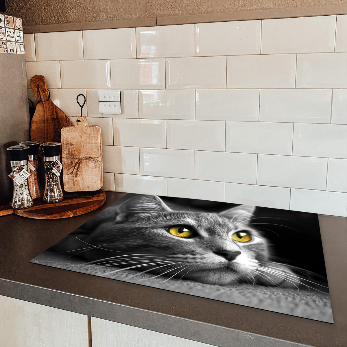 HERDABDECKPLATTE Katze - Grau - Tiere - Katze Induktionsmatte 71x52 cm - Grau, Kunststoff (71/52/0.2cm) - MuchoWow