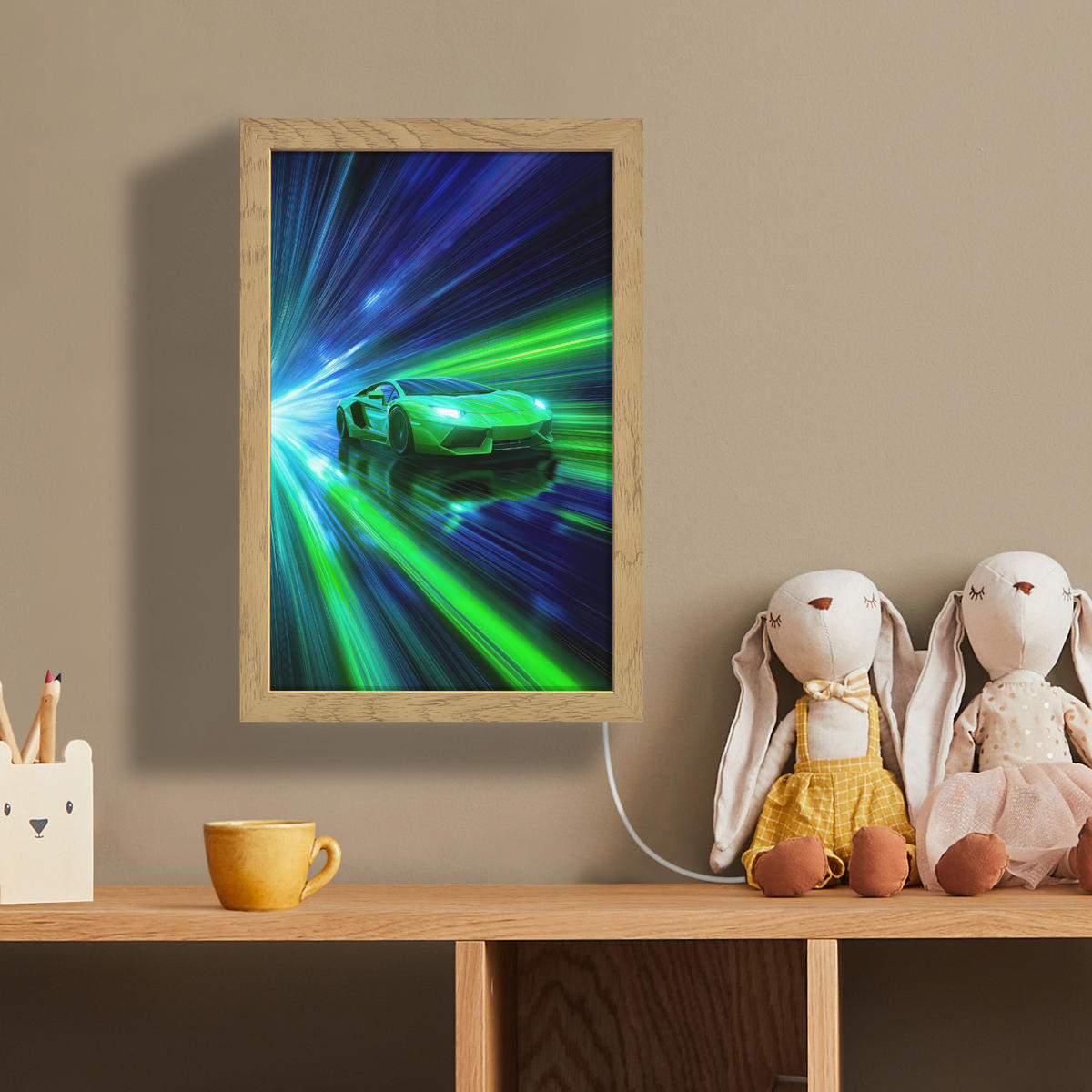 NÁSTĚNNÁ LAMPA Rychlost - Lehké - Sportovní vůz - Zelená 20x30 cm - zelená barva, kompozitní dřevo (20/30/8cm) - OnlyWow