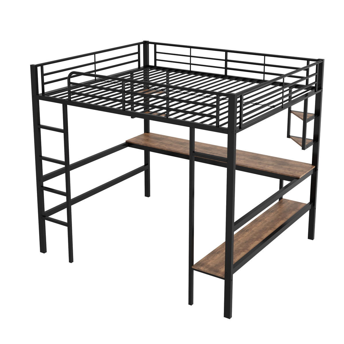 HOCHBETT 140/200 cm Schwarz Metallbett mit Schreibtisch und Regalen - Schwarz, Metall (140/200cm) - OKWISH