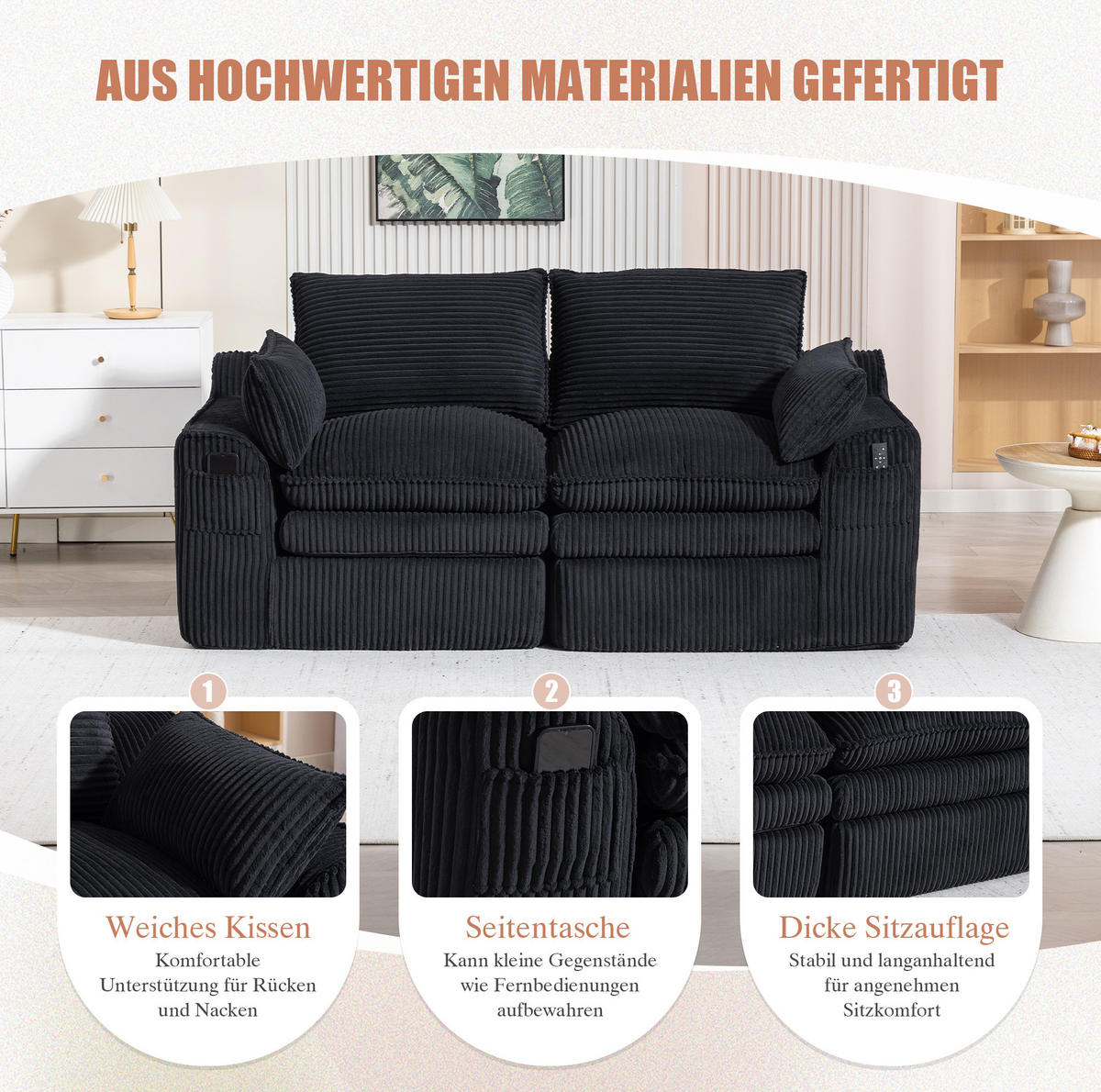 2-SITZER Sofa aus Cord 191x94x85 cm Schwarz mit Seitentaschen, Kissen und 3-lagigem Schaumstoff mit Federkern - Schwarz, Textil (191/85/94cm) - Modfu