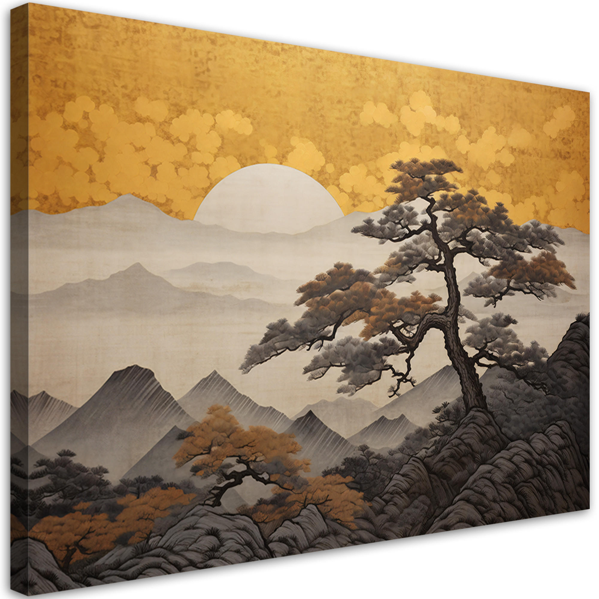 WANDBILD japanische landschaft auf goldenem hintergrund - Gelb, Textil (60/40cm) - Feeby