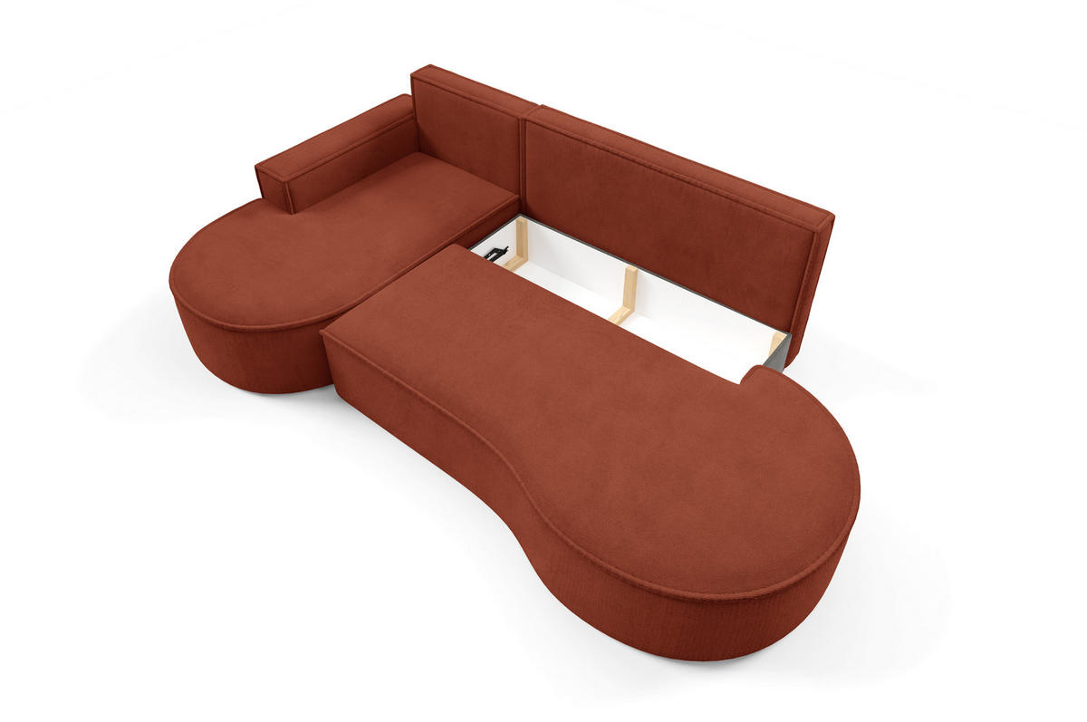 ECKSOFA MOLLY mit Schlaffunktion – Halbrund, freistehend, Liegefläche 140x207 cm, 3 Kissen, Abriamo-Stoff, 277x157x88 cm, Links Braun - Rotbraun, Holz/Textil (157/277cm) - DomoHome