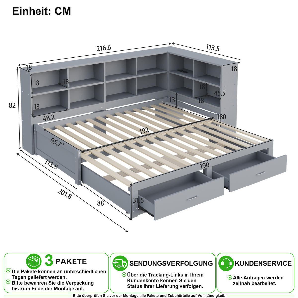 SCHLAFSOFA 90/190 cm & 180/190 cm in Grau mit Schubladen, Stauraum und Steckdose - Grau, Holz/Holzwerkstoff (90/190cm) - CHICFURN