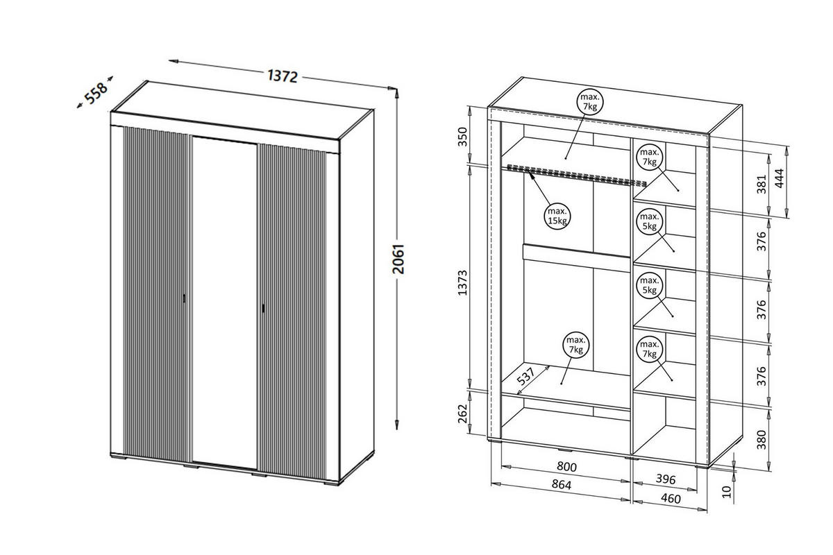 KLEIDERSCHRANK MONI 02 in Weiß / Eiche Whiskey matt 137/206/56 cm - Weiß, Holzwerkstoff (137/206/56cm) - Deine Möbel 24
