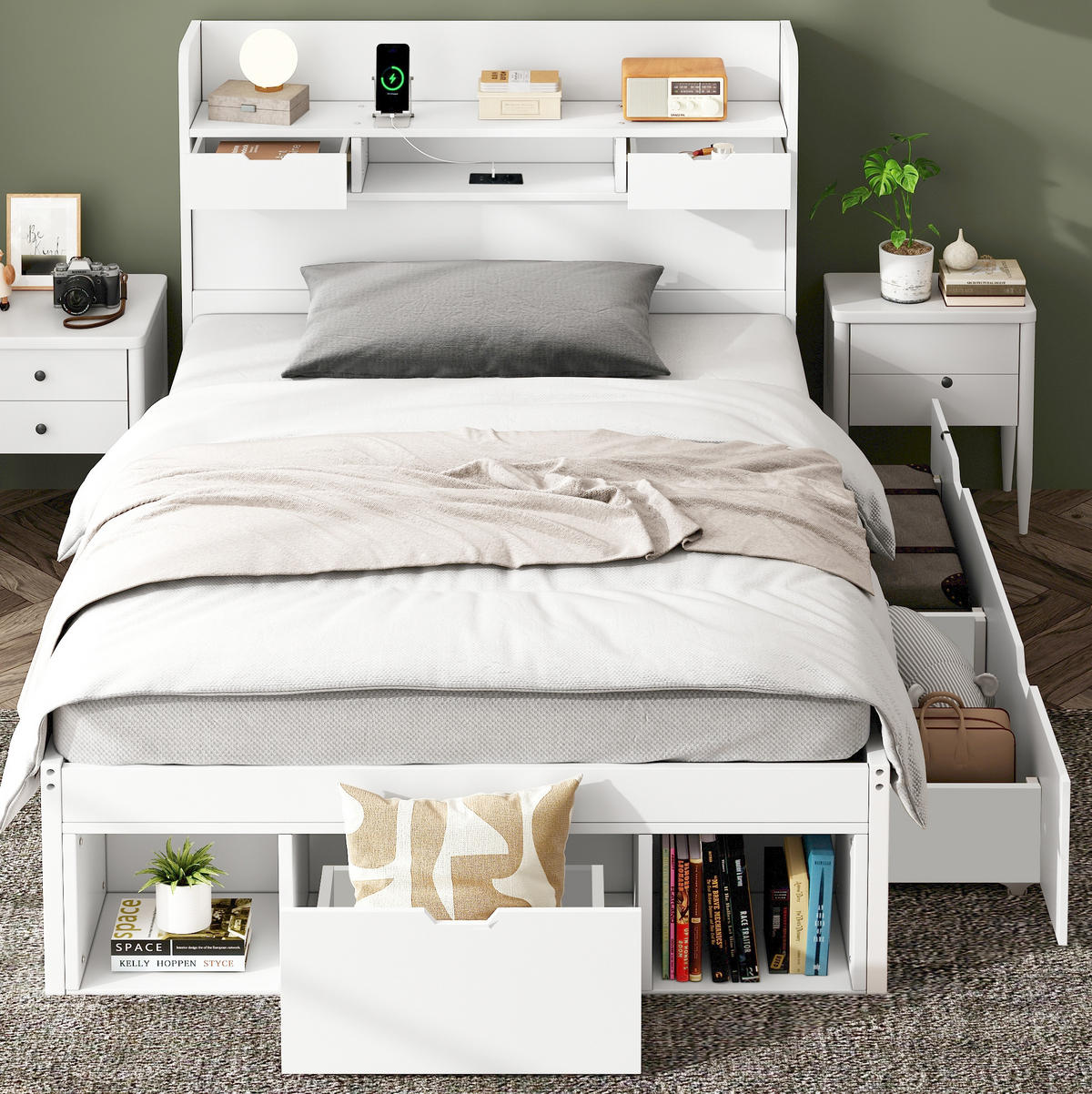 KINDERBETT 90/200 cm Weiß mit Stauraum und Ladestation aus Kiefer - Weiß, Holzwerkstoff (90/200cm) - OKWISH