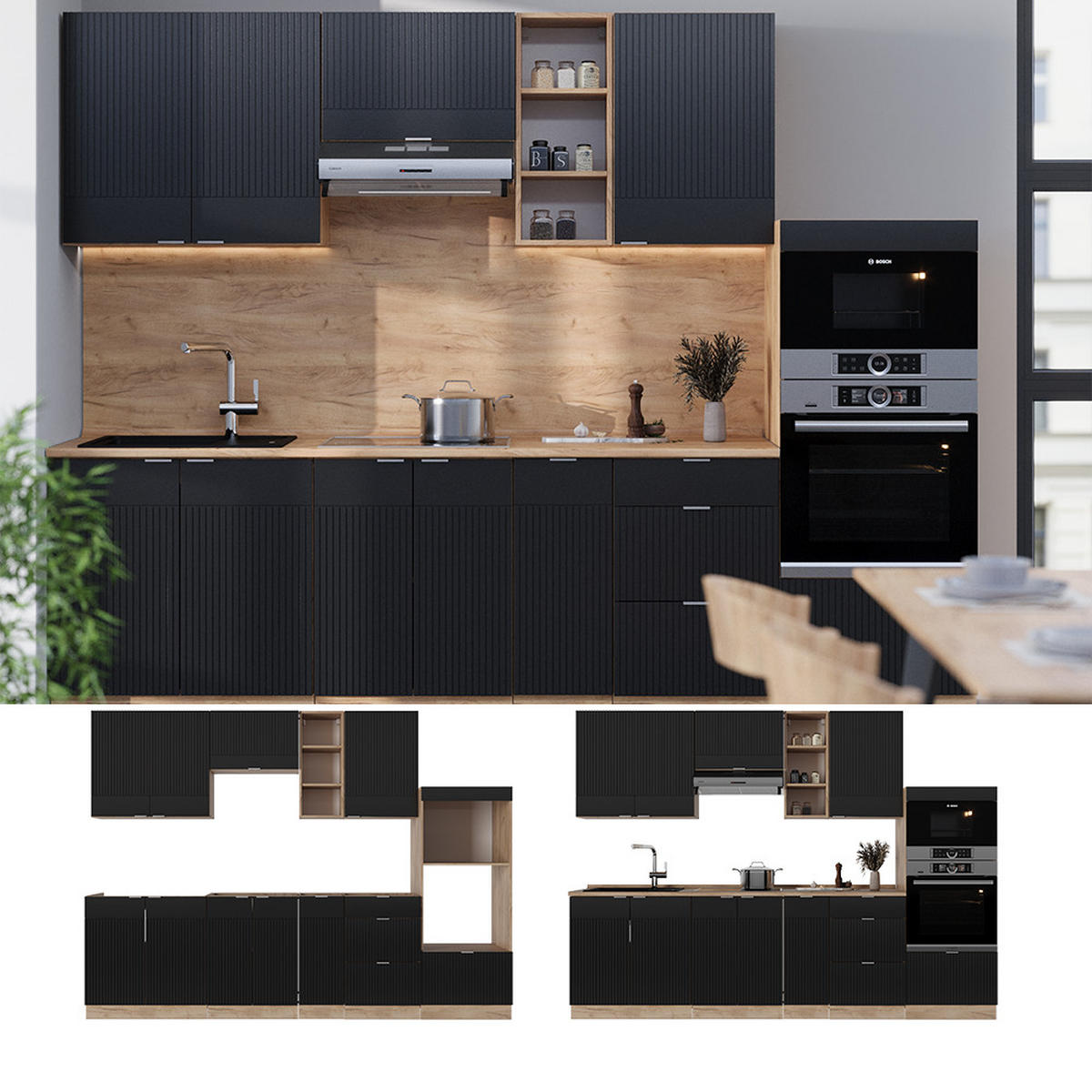 KÜCHENZEILE Fame-Line, Schwarz gestreift/Goldkraft Eiche, 280 cm, AP Eiche - Honigeiche/Schwarz, Holzwerkstoff (280/81.6/60cm) - Vicco