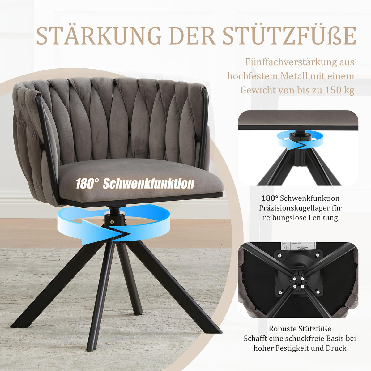 ARMLEHNSTUHL(SET à 2 Stück) - Metallgestell, ergonomisches Design und hochwertiger Velours - Grau - Grau, Textil/Metall (50/70/56cm) - KOMHTOM