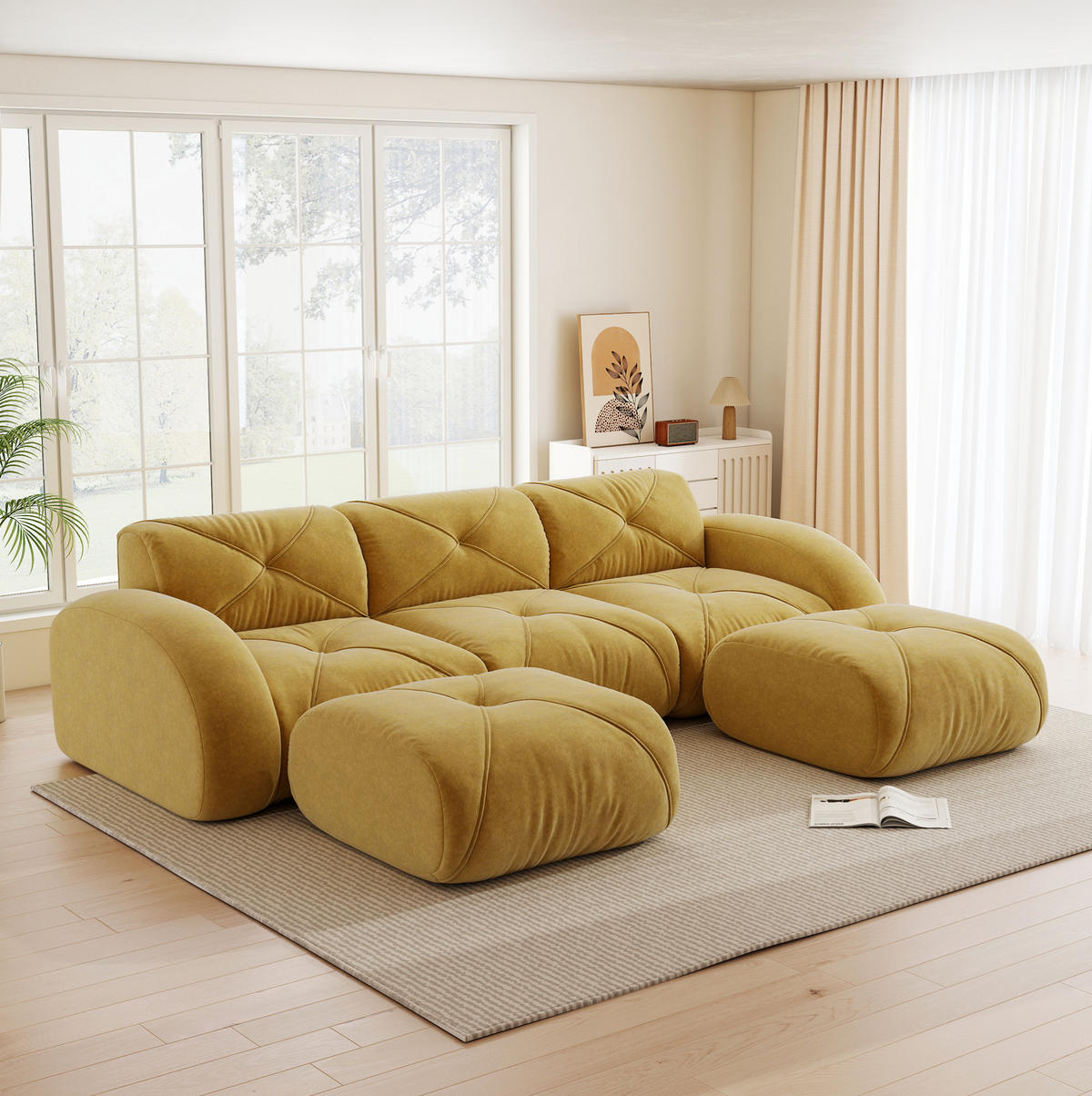 MODULSOFA U-Form 3-Sitzer mit 2 Hockern Chenille Gelb - Gelb, Kunststoff (171/76/281.1cm) - Meubliv