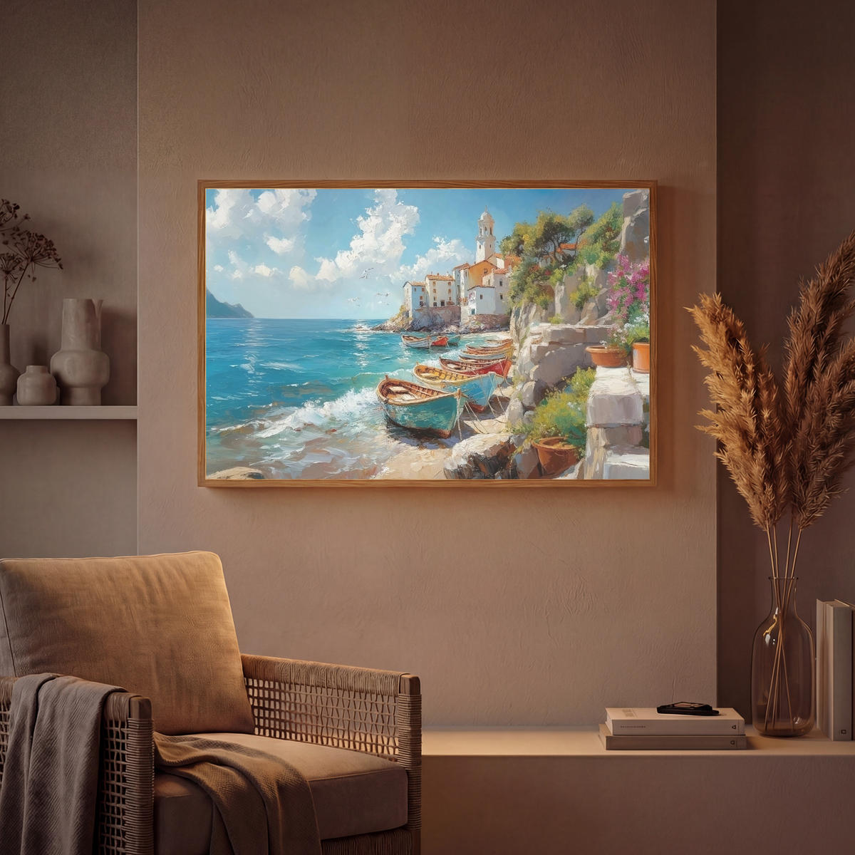 NÁSTĚNNÁ LAMPA S AKUMULÁTOREM Lodě - skály - moře - slunce 90x60 cm - modrá, kompozitní dřevo (90/60/8cm) - OnlyWow