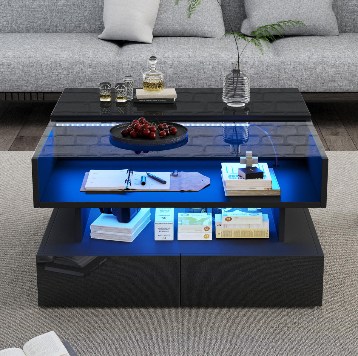 COUCHTISCH 80/80/45 cm schwarz aus Spanplatte und gehärtetem Glas mit Höhenverstellung, LED und Stauraum - Schwarz, Holzwerkstoff (80/80/45cm) - OKMYHOME
