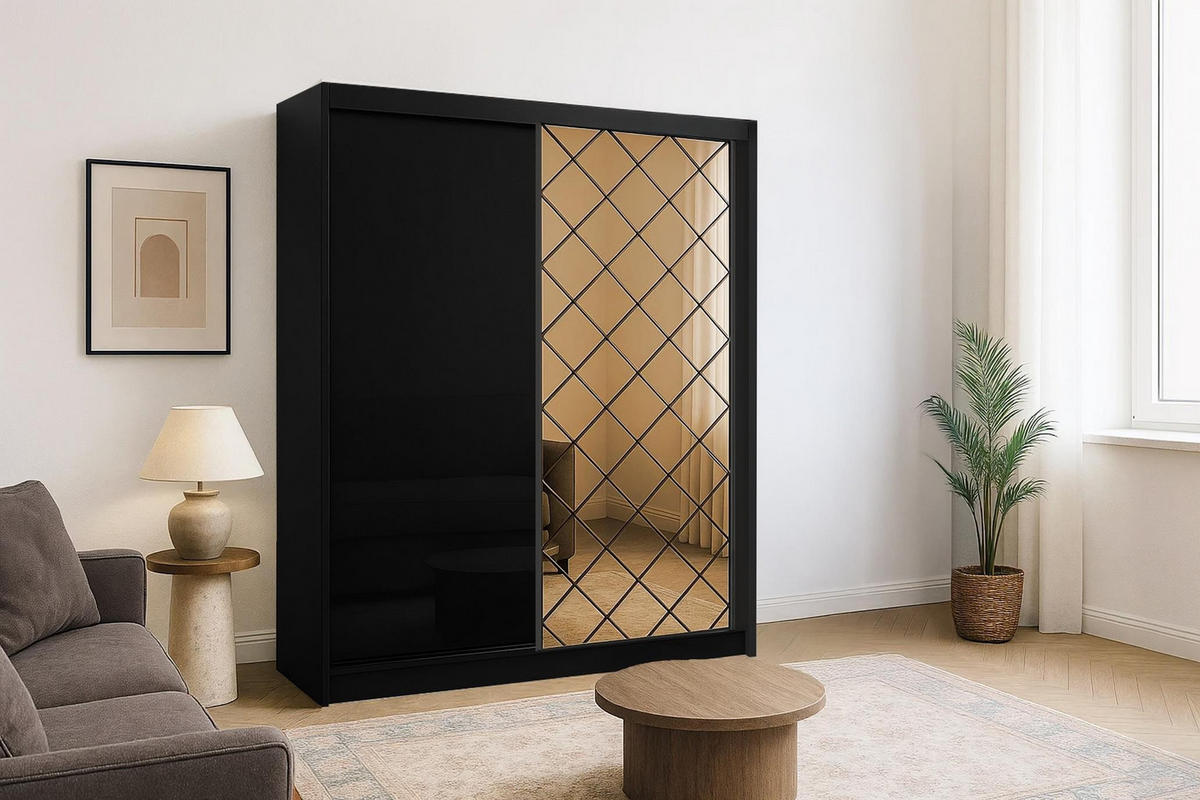 KLEIDERSCHRANK Karo 203 Schwarz, zweitüriger Schiebeschrank mit Spiegel - Schwarz, Holzwerkstoff (203/216/62cm) - Bettso