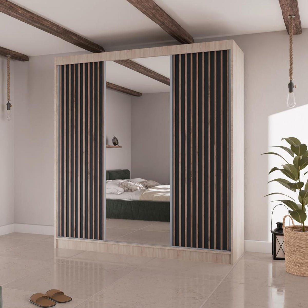 SCHWEBETÜRENSCHRANK Lico II 200/61/215 eiche sonoma+schwarz - Schwarz/Sonoma Eiche, Holzwerkstoff (200/215/61cm) - Beautysofa