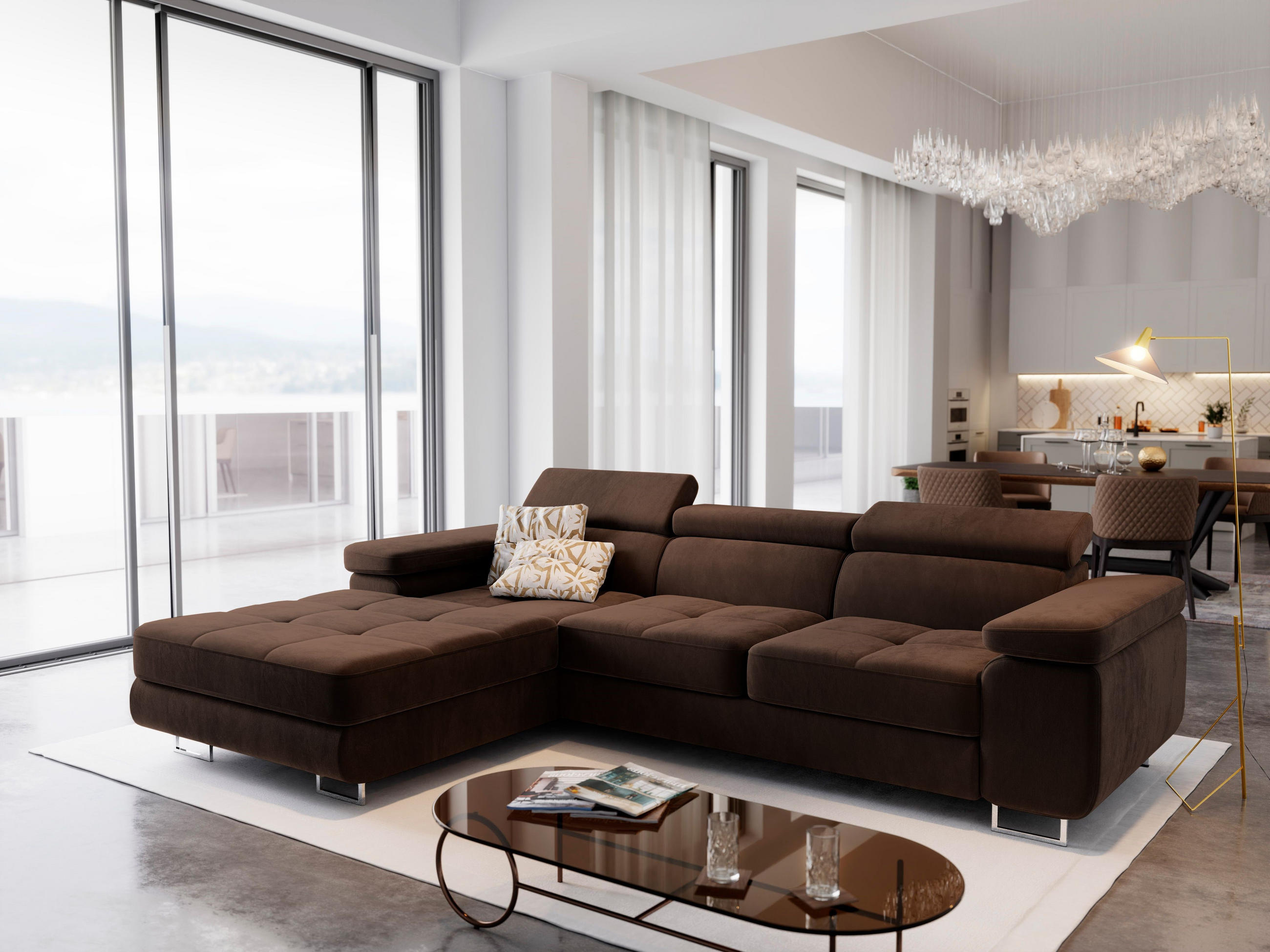 ECKSOFA ELMA L-S Braun Velours-Stoff mit Schlaffunktion - Braun, Holz (280/205cm) - MASSENO