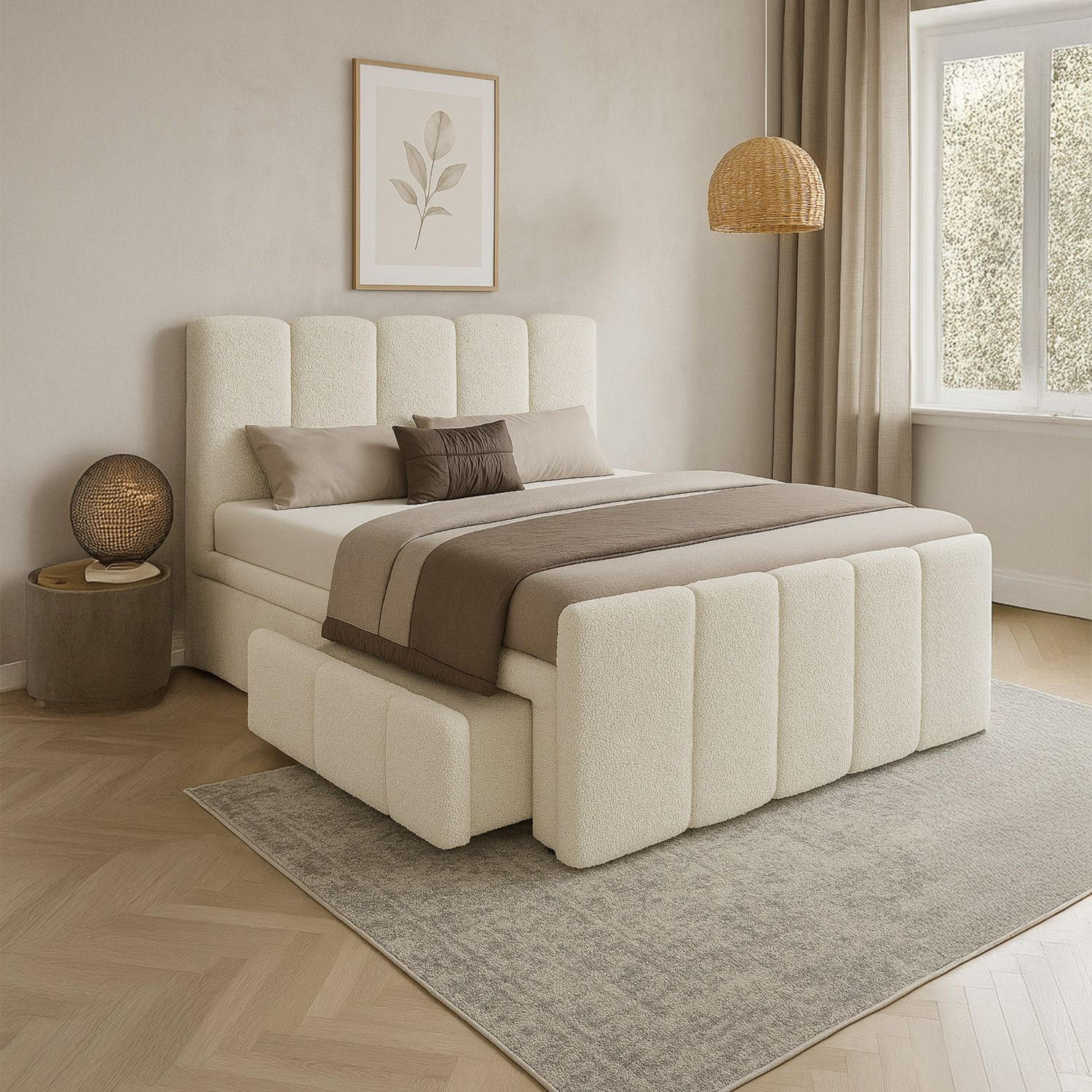 BOXBETT Manitoba 180/200 cm Bouclé Creme mit Bettkasten - Creme, Textil (180/200cm) - Juskys