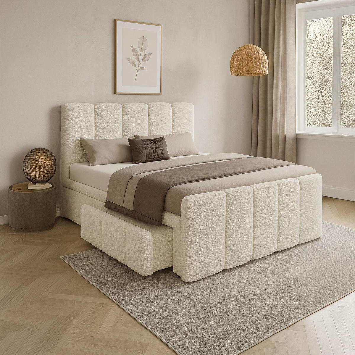 BOXBETT Manitoba 180/200 cm Bouclé Creme mit Bettkasten - Creme, Textil (180/200cm) - Juskys