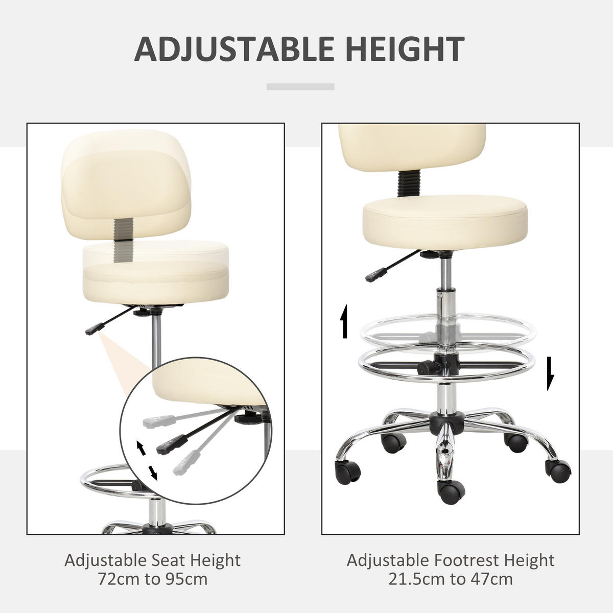 BARHOCKER Drehstuhl Höheverstellbarer Barstuhl mit Lehne aus Kunstleder-Leder - Beige, Kunststoff (57/104/56cm) - HOMCOM