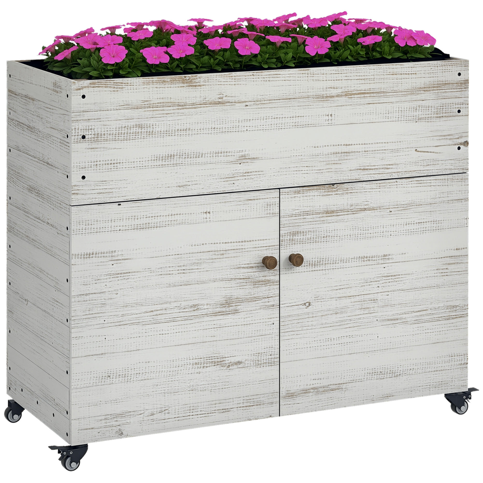 HOCHBEET DE-07745 mit Rädern & Schrankfach, Used Look Weiß - Weiß, Holz (110/95/50cm) - ComfortXL