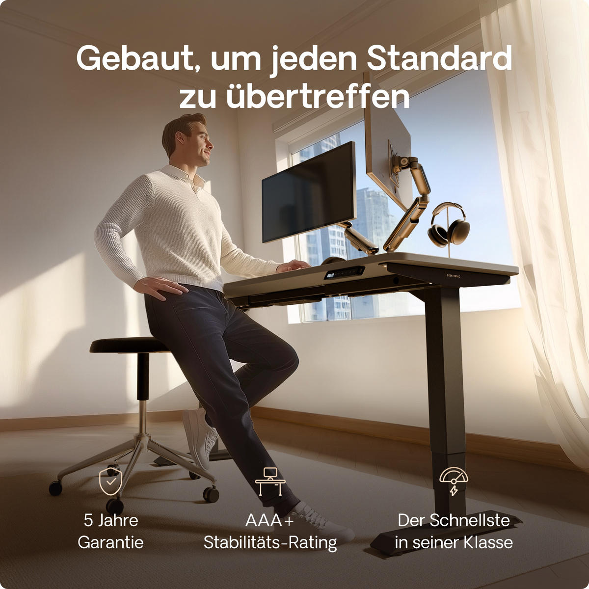SCHREIBTISCH Elektrisch Höhenverstellbarer HomePro 140x70cm Schwarz/Grau mit Memory-Funktion, Anti-Kollisions Technologie - Schwarz/Grau, Holzwerkstoff (70/140/62cm) - Desktronic