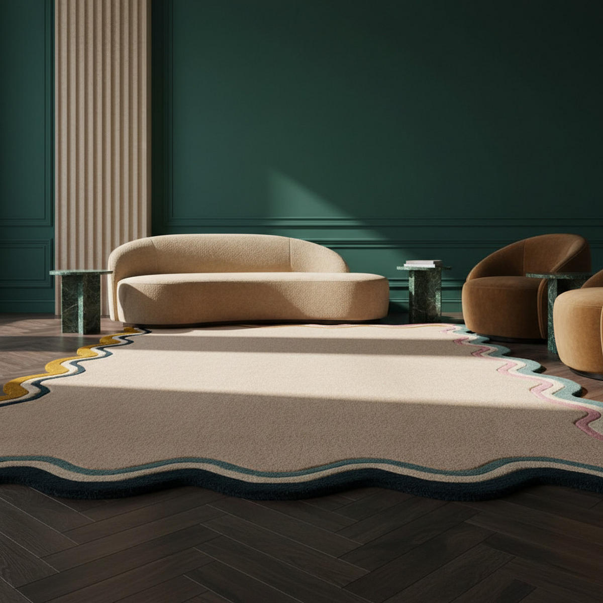 WOLLTEPPICH Wellenbordüre-Design, pastell handgetuftet WINCH, Multi 160x230 cm - Beige, Textil (160/230cm) - KADIMA DESIGN