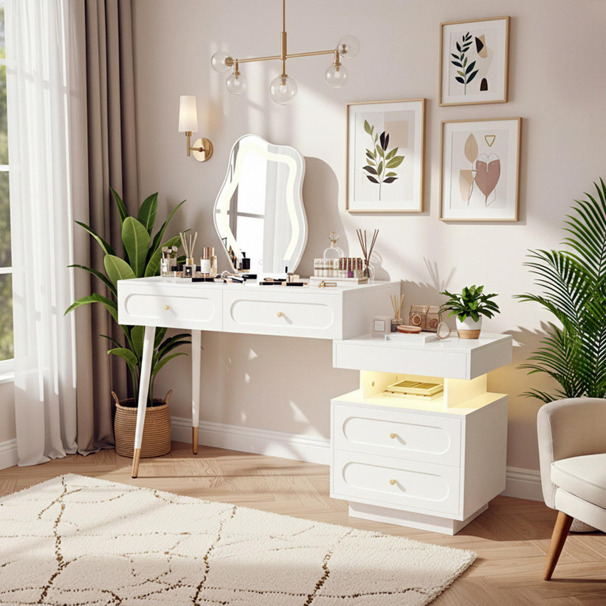 SCHMINKTISCH-SET mit LED-Spiegel & Beleuchtung Weißes - Weiß, Glas/Holzwerkstoff (140/130/40cm) - Urban Meuble