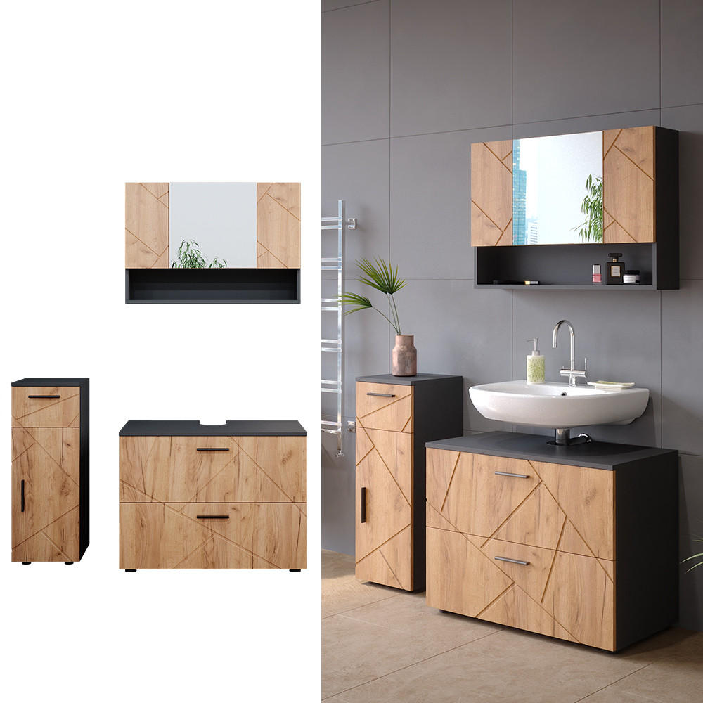 BADMÖBEL-SET Irma Goldkraft Eiche/Anthrazit 3 Teile - Anthrazit/Eiche Wotan, Holzwerkstoff (80/58.6/41cm) - Vicco