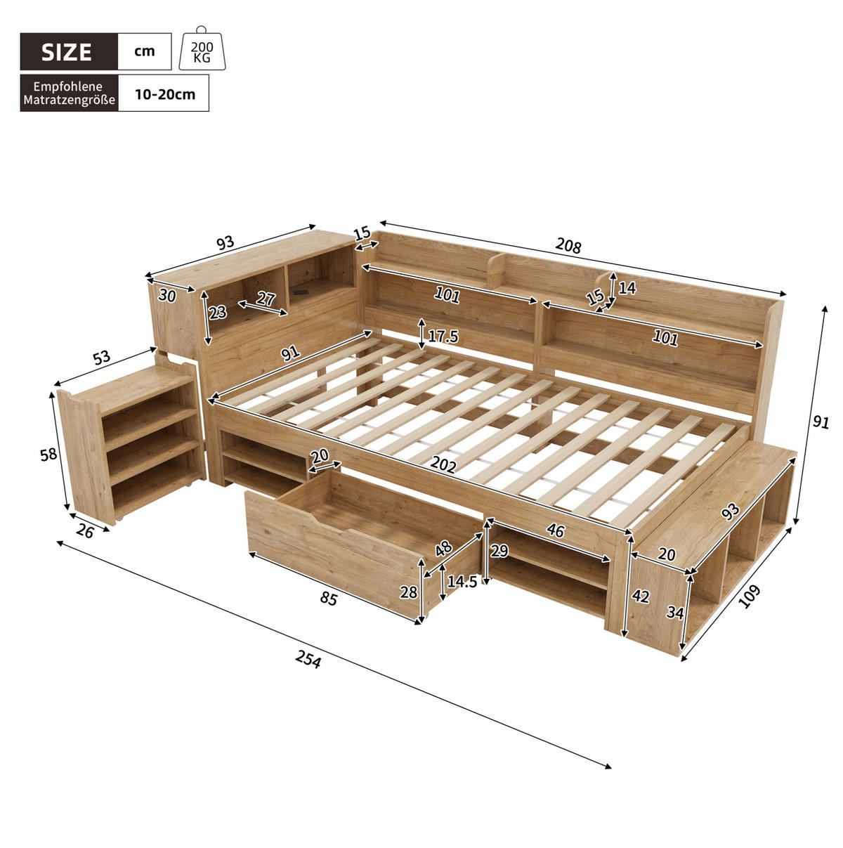 KINDERBETT 90/200 cm aus Sperrholz mit Stauraum und Regalen Natur - Naturfarben, Holzwerkstoff (90/200cm) - Modenvie