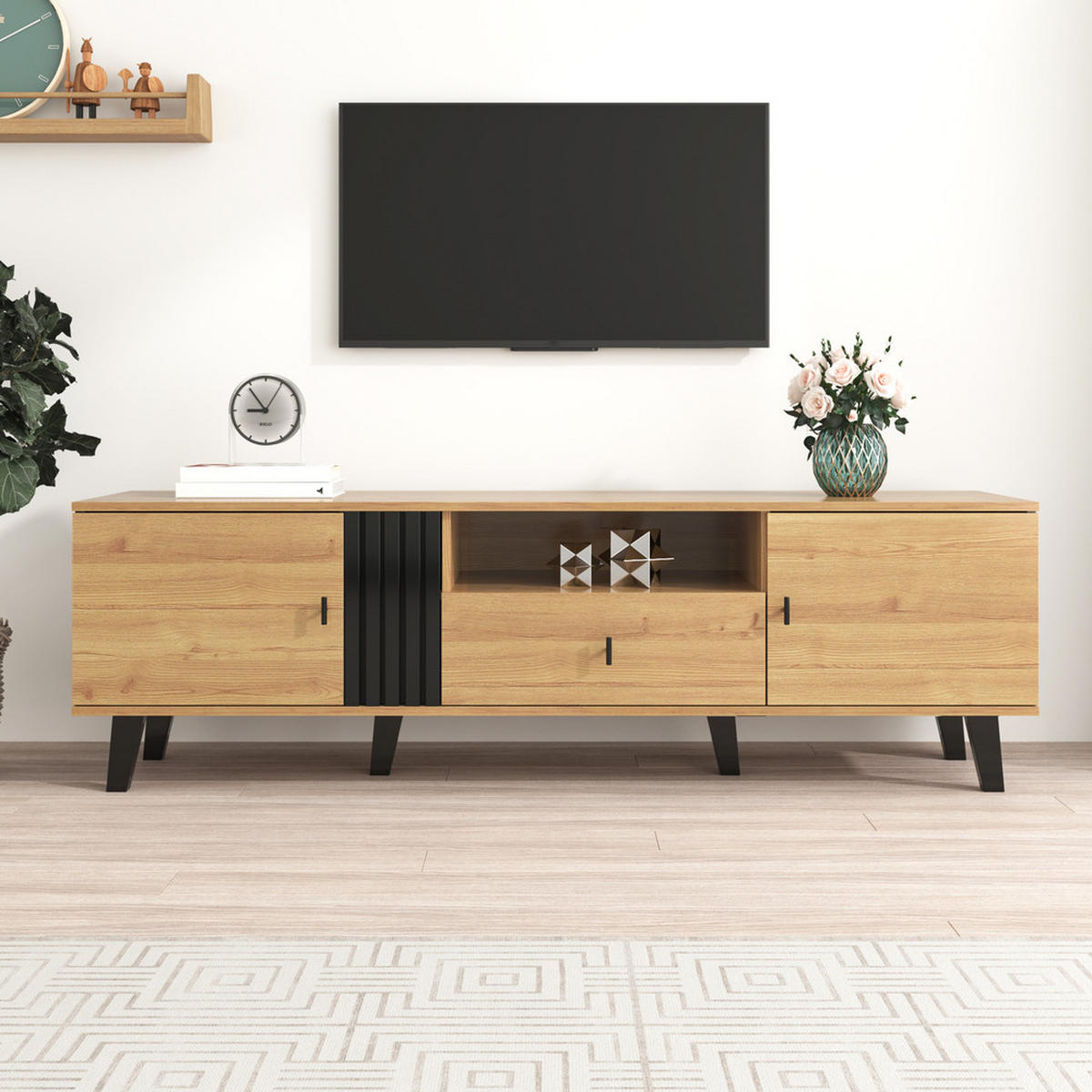 TV-SCHRANK 170cm Modern Holz & Schwarz Design Schubladen Stauraum - Braun, Holz (47/20.5/76.5cm) - FLIEKS