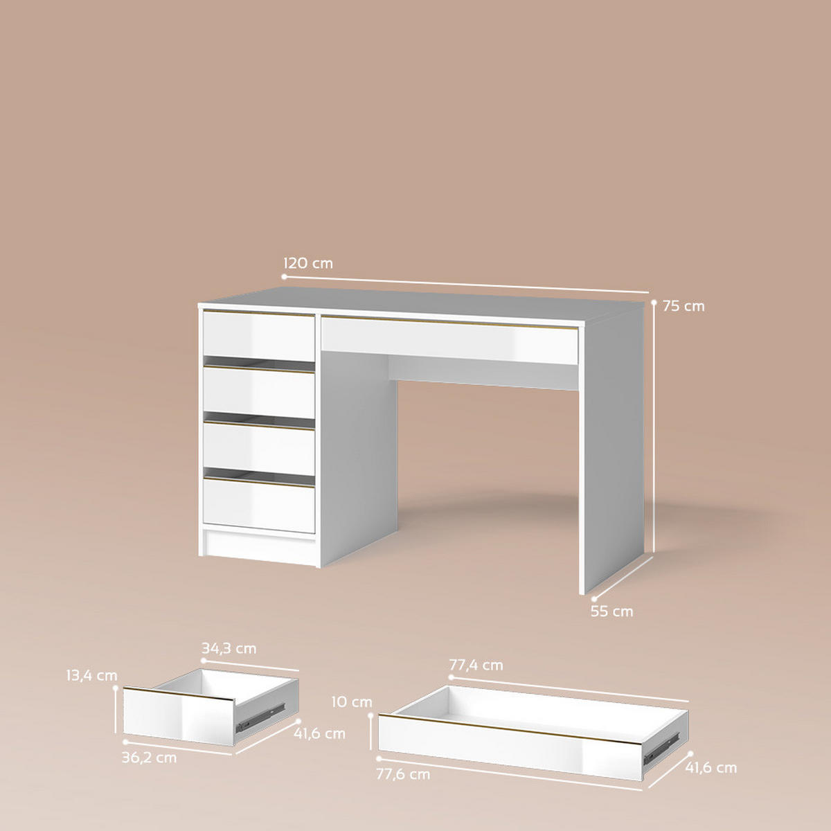 SCHMINKTISCH Imola Weiß/Gold ohne Spiegel - Goldfarben/Weiß, Holzwerkstoff (55/120/75cm) - Livinity®