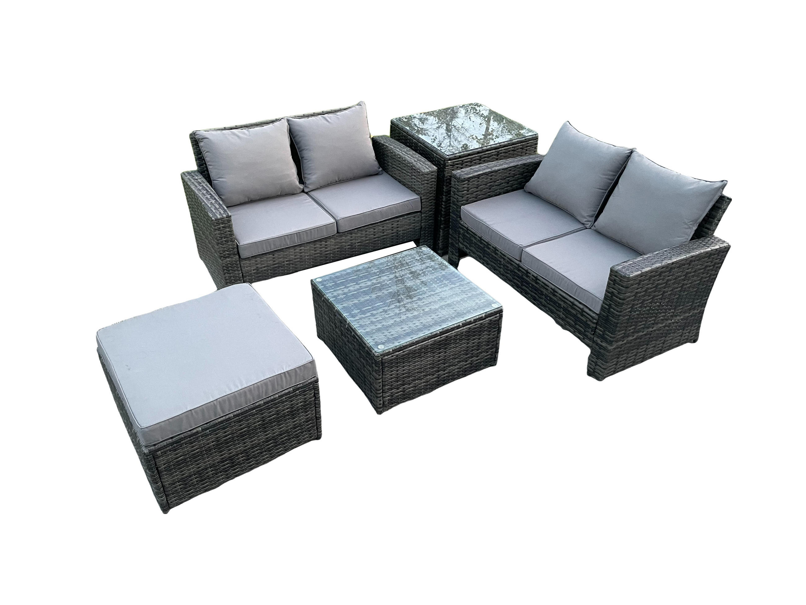 GARTENMÖBEL-SET enthält 2 DOPPELSITZ-SOFA, COUCHTISCH, HOCKER and BEISTELLTISCH Polyrattan Dunkelgrau Gemischt 7-Sitzer - Dunkelgrau, Metall - Fimous