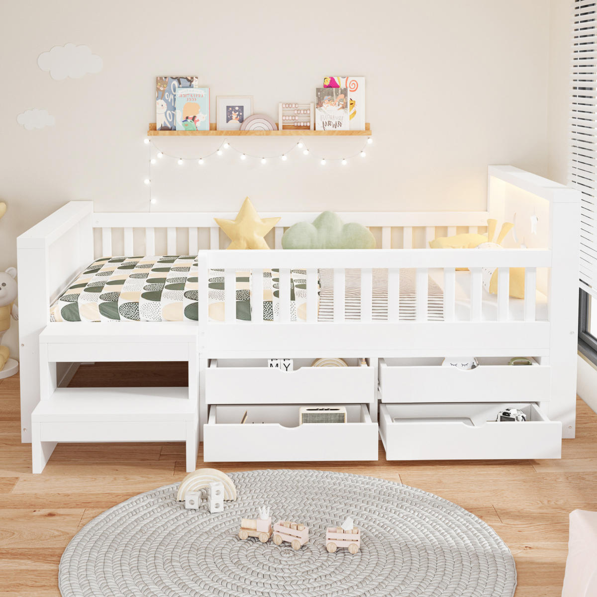 KINDERBETT Holz 90x200 cm Weiß mit LED, Sicherheitsgitter, Stufen und 4 Schubladen - Weiß, Holz (90/200cm) - Modfu