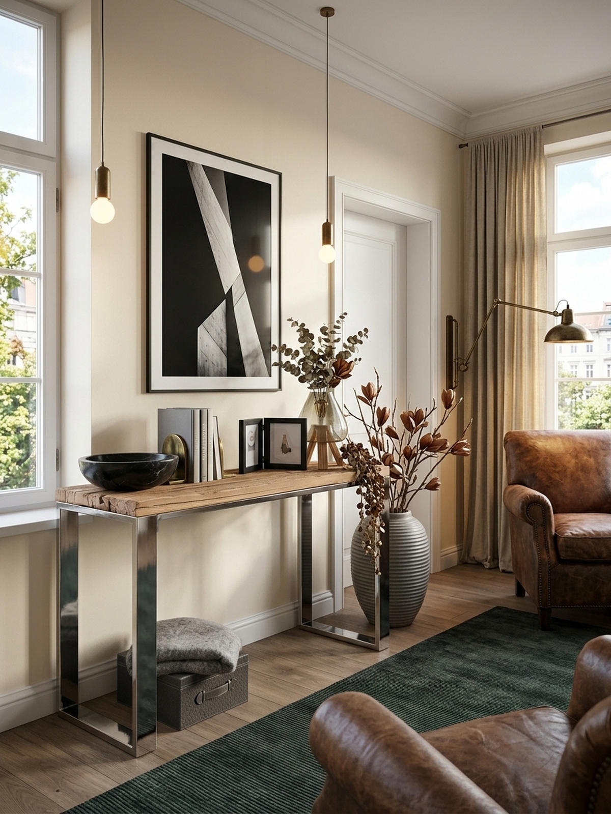 KONSOLENTISCH – Massivholz/Metall, 115 cm, Industrial-Stil, mit Schubladen - Beige/Silberfarben, Holz/Metall (46/115/76cm) - KADIMA DESIGN