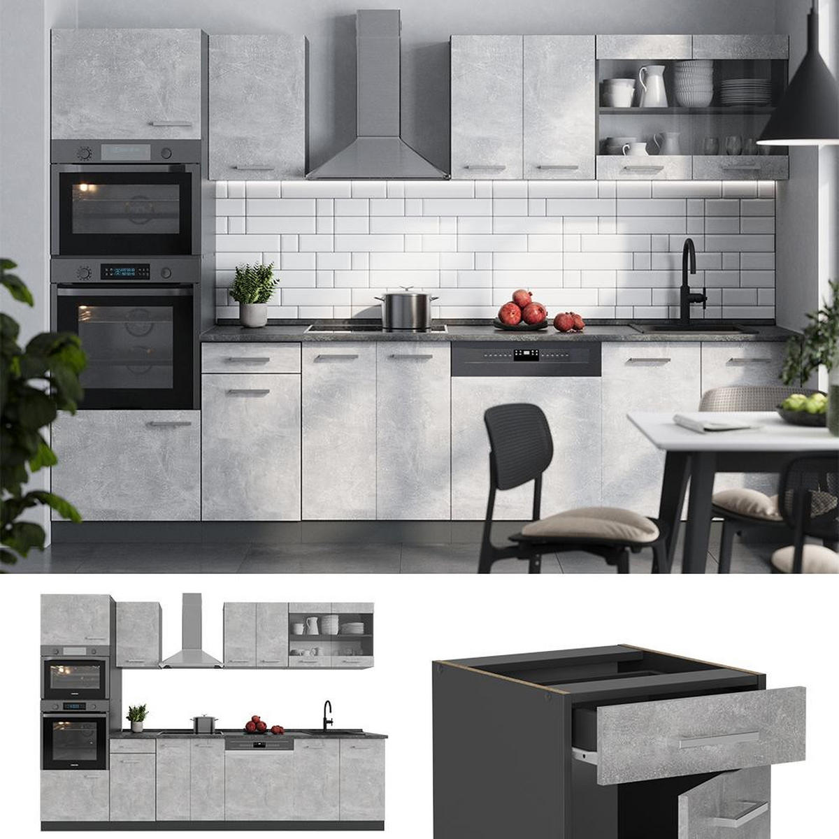KITCHENETTE R-Line beton 300 cm cu dulap înalt, stejar AP - antracit/gri, compozit lemnos (300/206.8/60cm) - Vicco