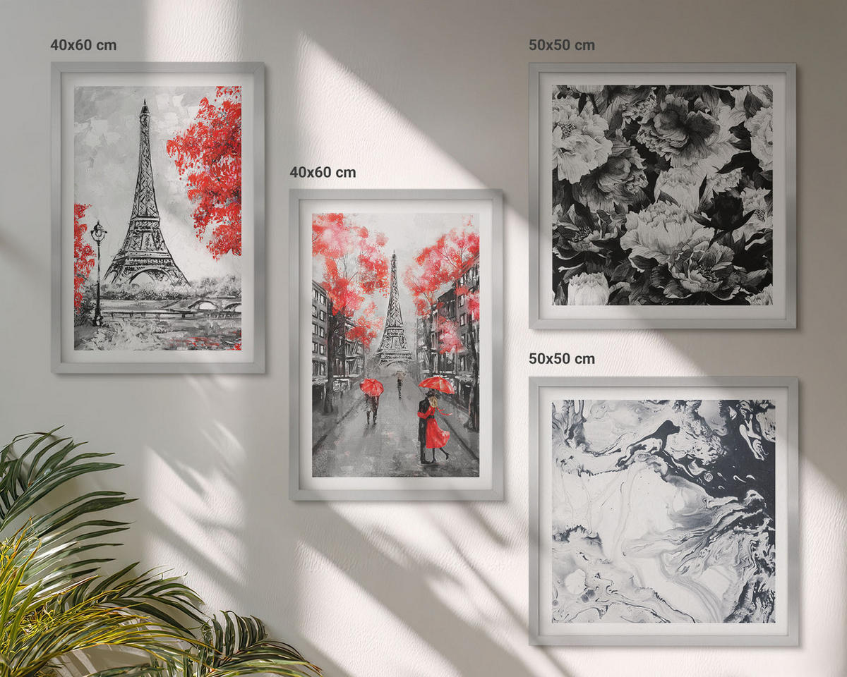 BILDER SET 4er Set - 50x50 cm & 40x60 cm Silberner Rahmen - graue Gemälde des Eiffelturms - Silberfarben, Kunststoff (50/50cm) - TULUP