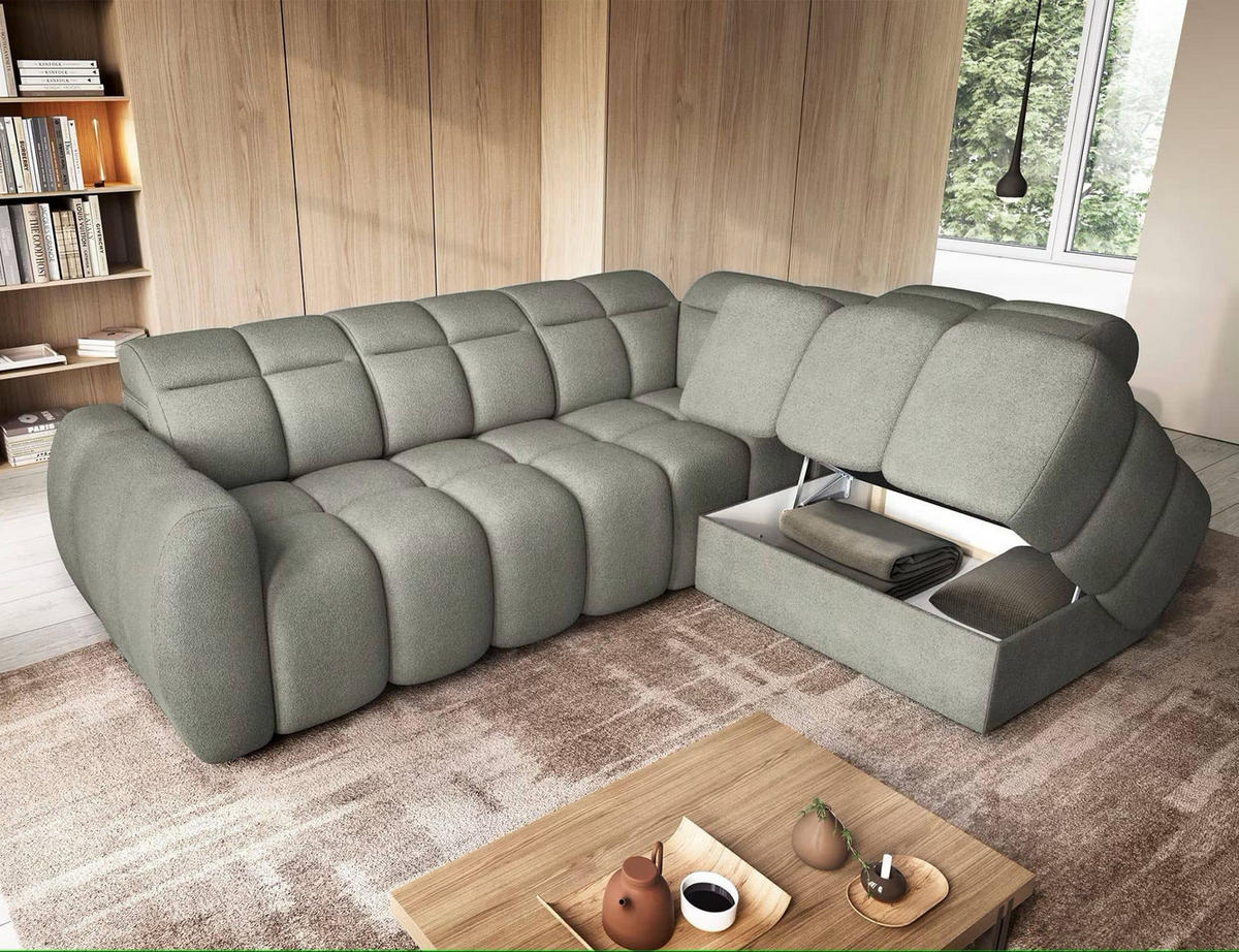 ECKSOFA mit elektrischem Sitzvorschub, Bettkasten und verstellbare Kopflehnen - Grün, Naturmaterialien/Textil (208/258cm) - Eltap