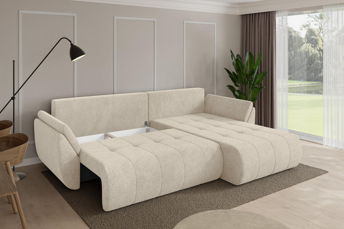 ROHOVÁ SEDAČKA s funkcí spaní, otoman vpravo TOKO-L 277x194x86 krémová velur - černá/krémová, kompozitní dřevo/textil (277/194cm) - ALTDECOR