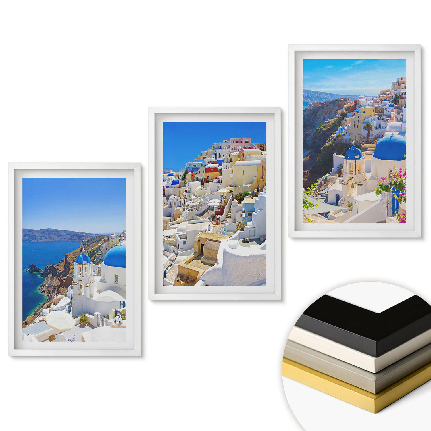WANDBILDER 3er-Set - 40x60 cm Weißer Rahmen - Landschaftsarchitektur Oia Santorini - Weiß, Kunststoff (40/60cm) - ArtPrintCave