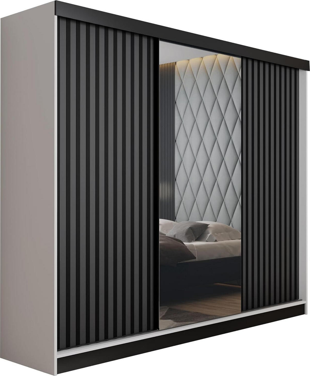 SCHIEBETÜRENSCHRANK MALANI - Weiß und Graphit 200x205x59 cm - Graphitfarben/Weiß, Holzwerkstoff (200/205/59cm) - Kier Furniture