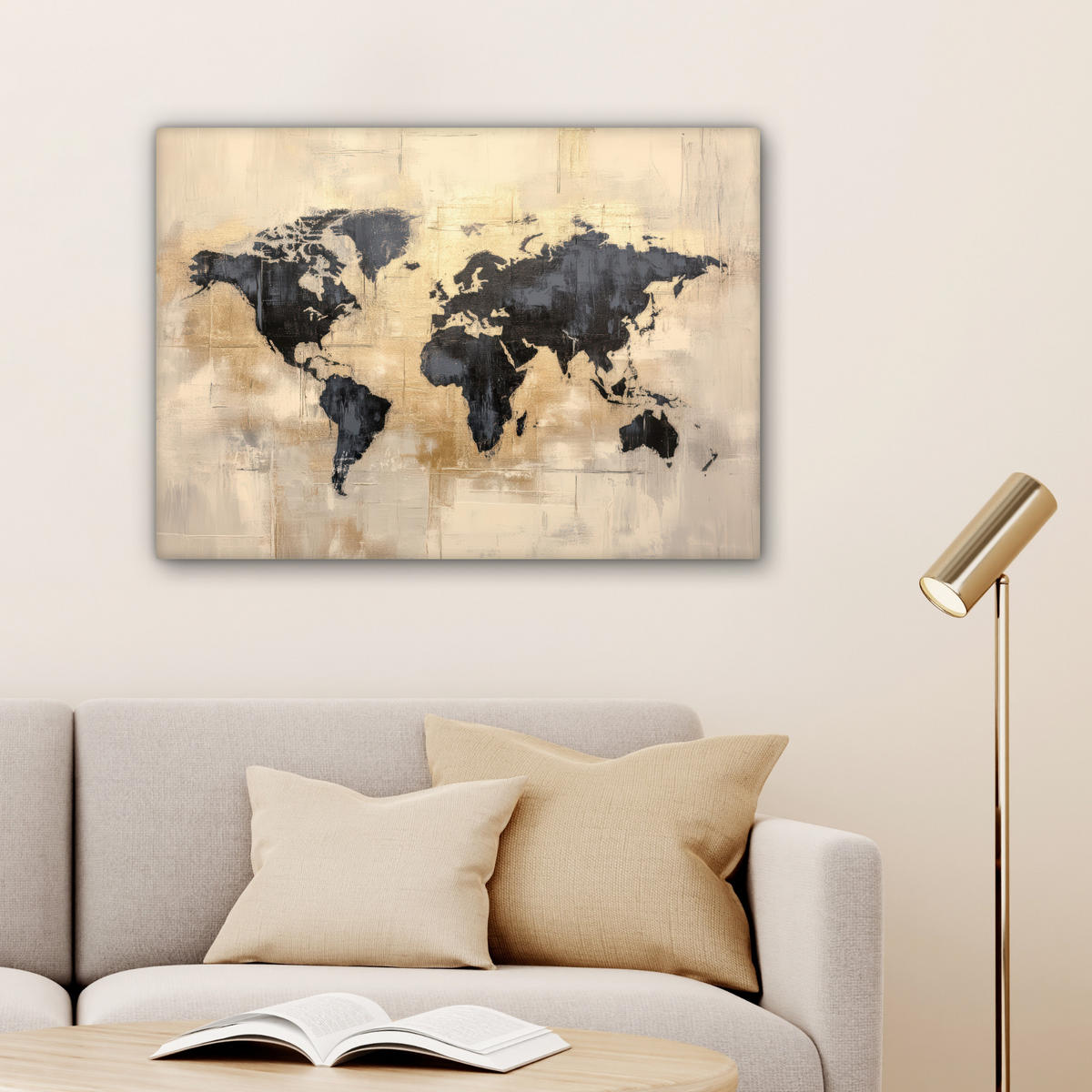 LEINWANDBILD Weltkarte - Gold - Schwarz - Abstrakt Wandbilder 80x60 cm - Kupferfarben, Textil (80/60cm) - MuchoWow