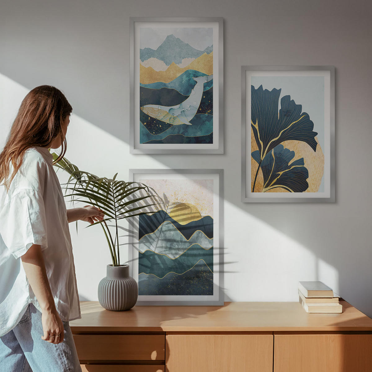 WANDBILDER 3er Set - 40x60 cm Silberner Rahmen - Abstrakte Bergansichten - Silberfarben, Kunststoff (40/60cm) - ArtPrintCave