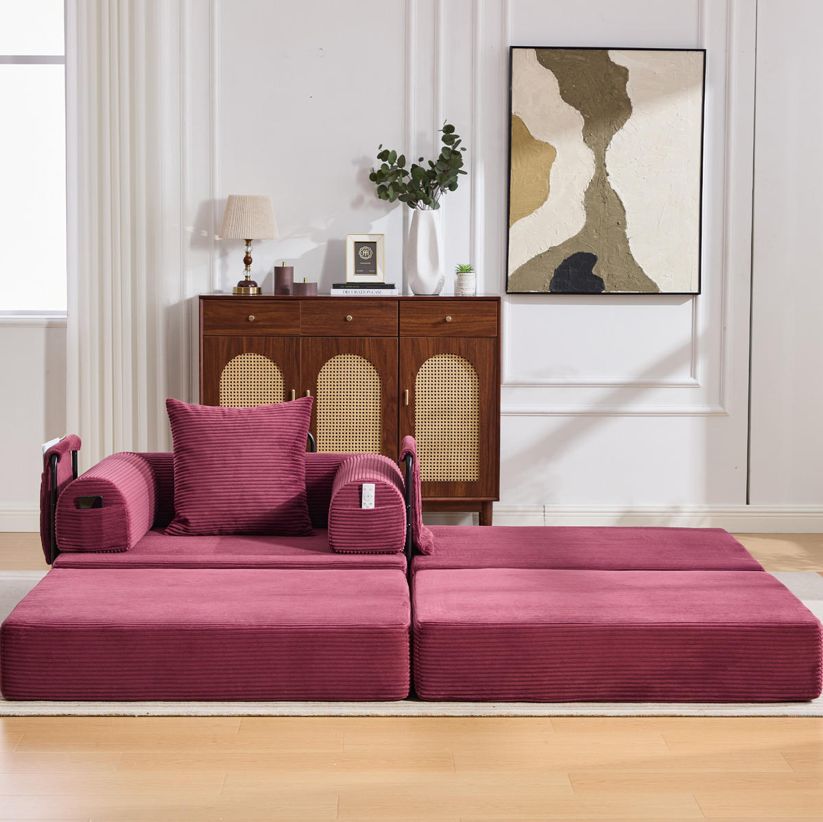 SOFA mit Hocker Cord 112 x 190 x 67 cm Wine Red - Rot, Kunststoff (190/67/112cm) - Meubliv