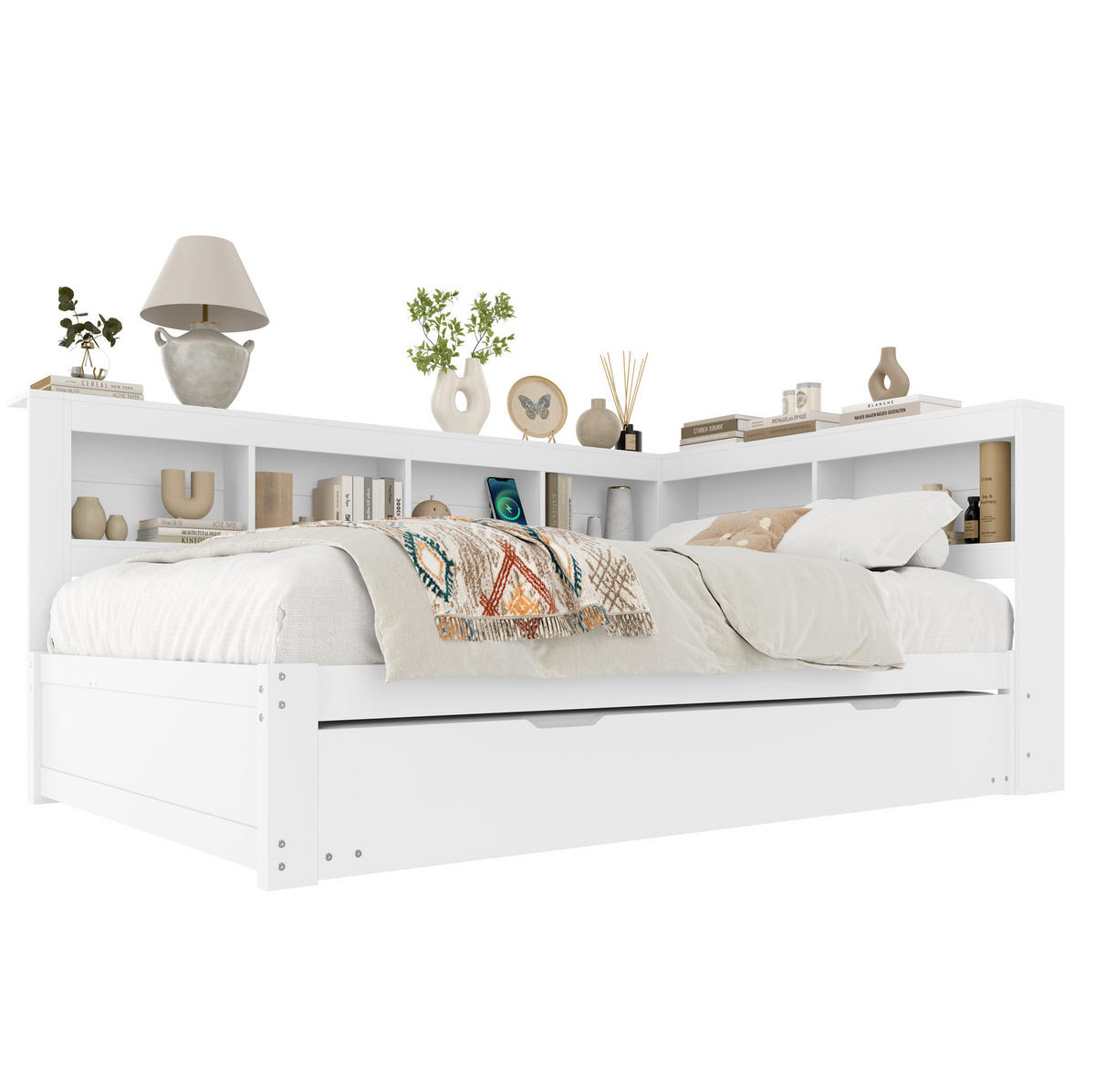 POLSTERBETT 140/200 cm mit Ausziehbett, USB-Anschlüssen, Steckdose und 2 Schubladen, MDF/Kiefernholz, Weiß - Weiß, Holzwerkstoff (140/200cm) - Redom