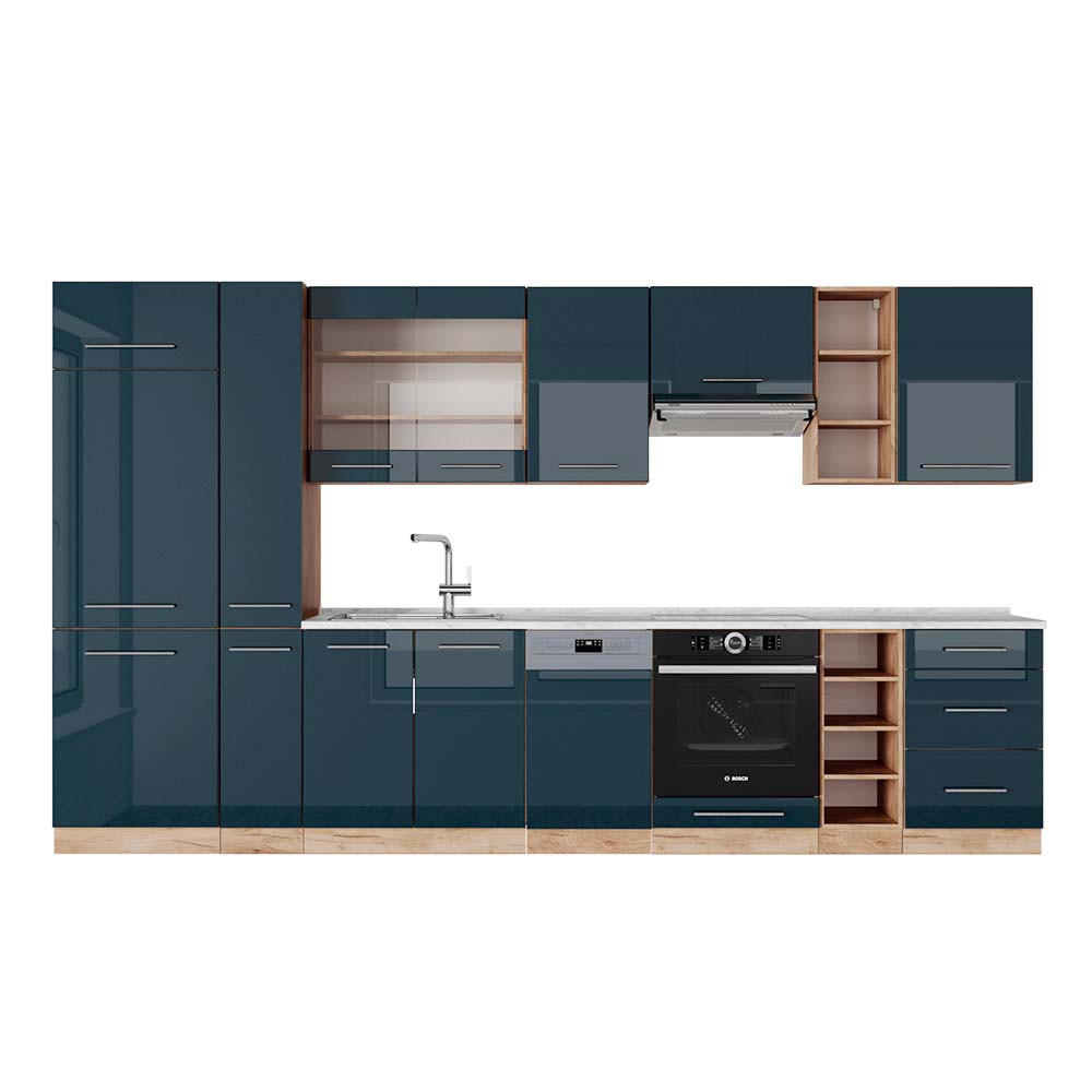 KÜCHENZEILE Fame-Line Dunkelblau Hochglanz/Goldkraft Eiche 355 cm AP Marmor - Eiche Wotan/Dunkelblau, Holzwerkstoff (355/81.6/60cm) - Vicco
