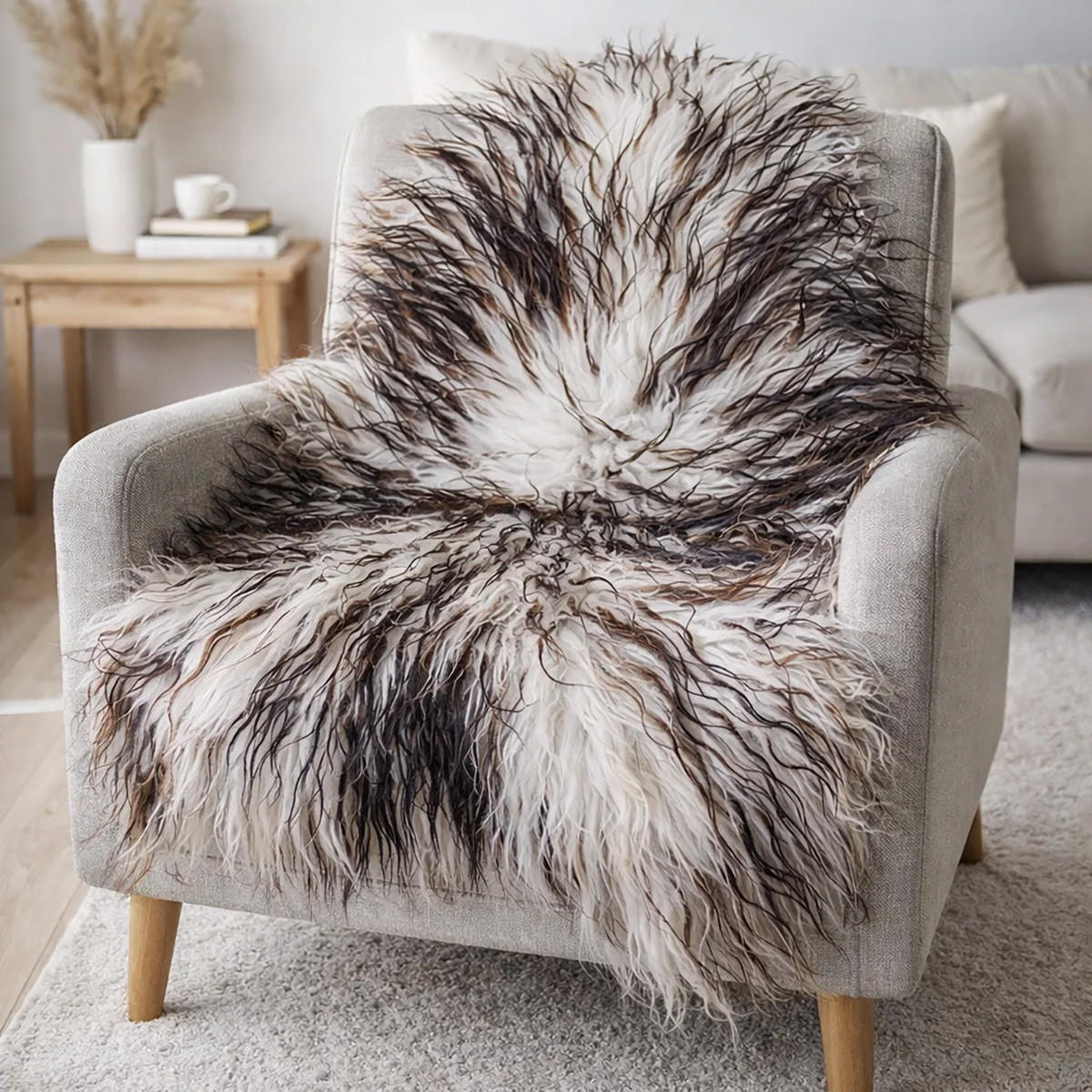 LAMMFELL Island Langhaar natur lockig weich Premium Braun Geflammt ca. 105 cm - Hellbraun, Fell (55/105cm) - Provellus